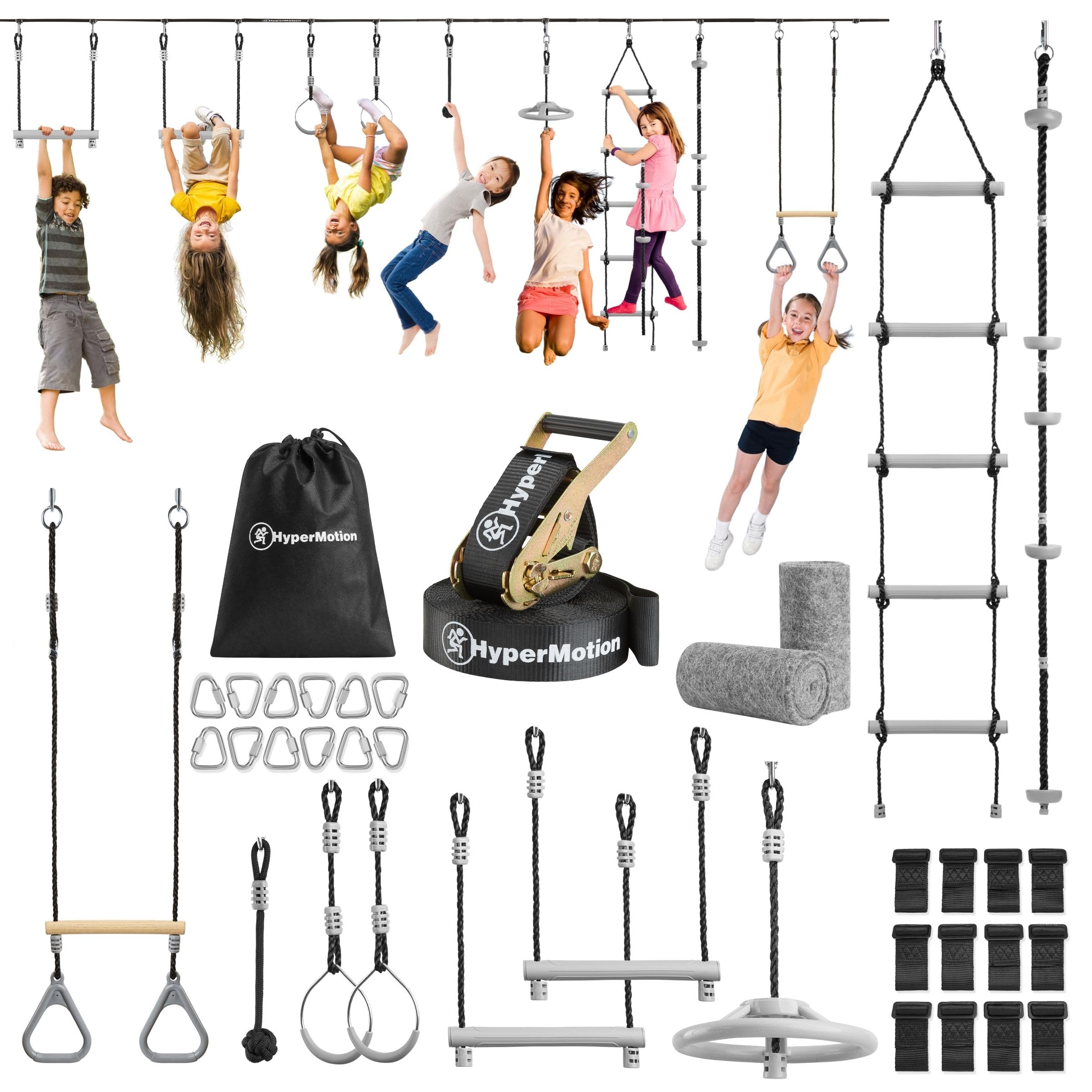 HyperMotion Percorso Ostacoli Bambini Set Ninja con 9 Attrezzi - Kit Slackline con Ruote, Aste e Scala per Allenamento - Resistente fino a 113 kg - Attrezzatura Giardino per Famiglia