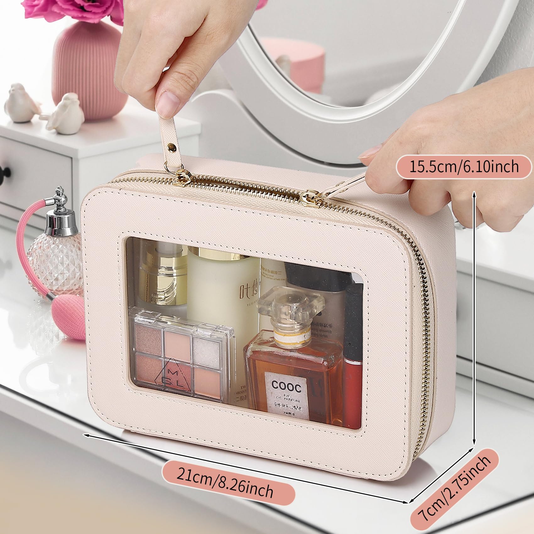 Transparente Make-up-Tasche, klein, Kosmetik- und Kulturbeutel, wasserdicht, Reisetasche, Organizer, Make-up-Tasche für Auto, mit Reißverschluss, Beige, M-1, Transparente Make-up-Tasche