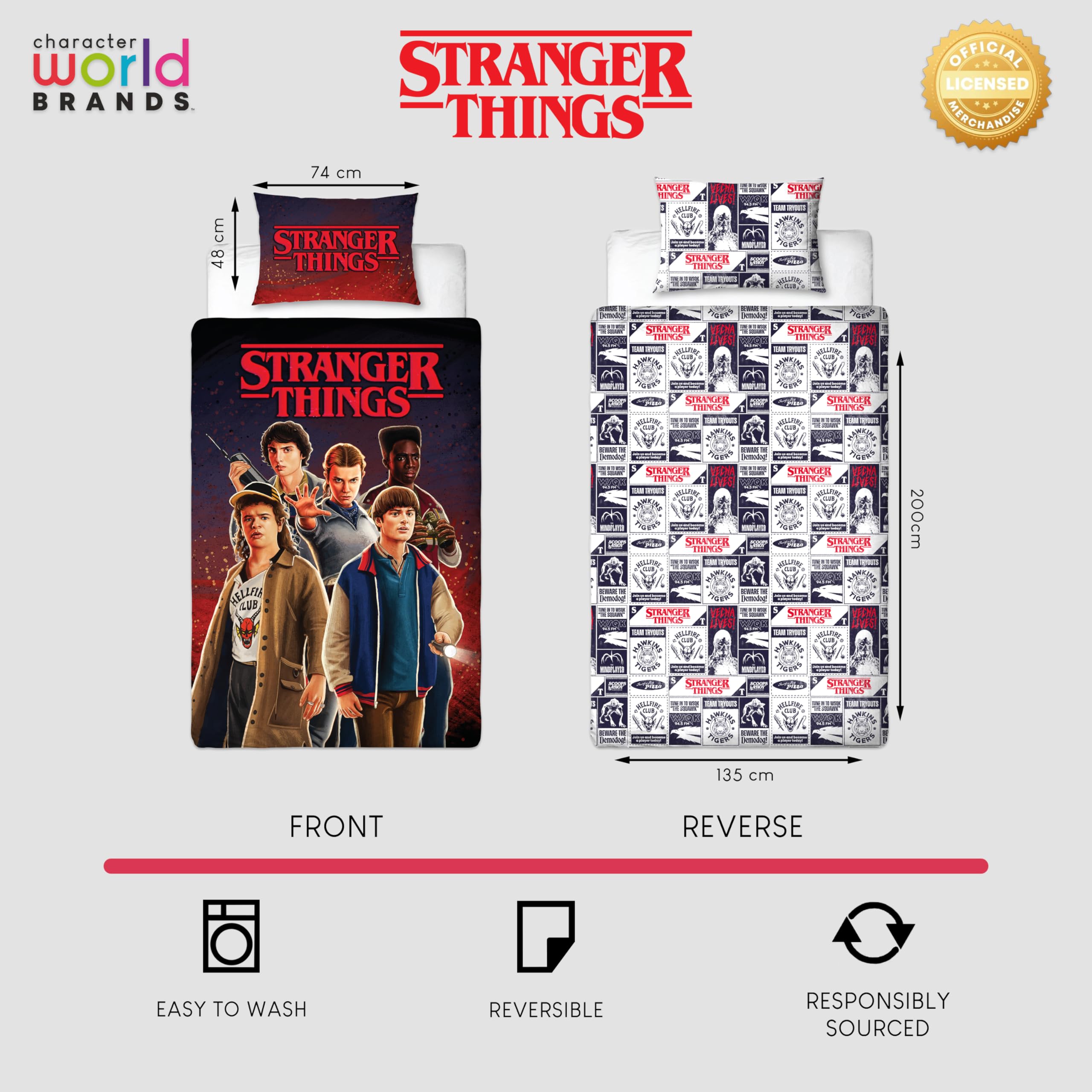 Stranger Things Juego de Funda Nórdica Individual con Diseño de Llamas con Licencia Oficial, Ropa de Cama Reversible de 2 Caras Que Incluye Funda de Almohada a Juego, para Dormitorio Infantil