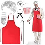 13 Pcs Halloween Chef Costume for Adult Colonel Grandpa Costume Set with White Wig, Red Apron, Walking Stick, Felt Fried Chicken Bucket, Black-Frame Glasses, Bow Tie, Fake Beard and Eyebrows