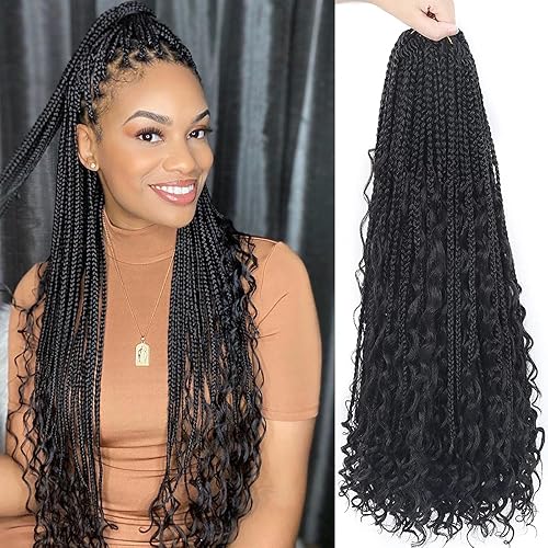 Vista 240 de Goddess Box Braids Crochet Hair With Curly Ends 18 Inch Bohomian Box Braids Crochet Braids 8 Packs 3X Crochet Braids Synthetic Braiding Hair 1B-4-30