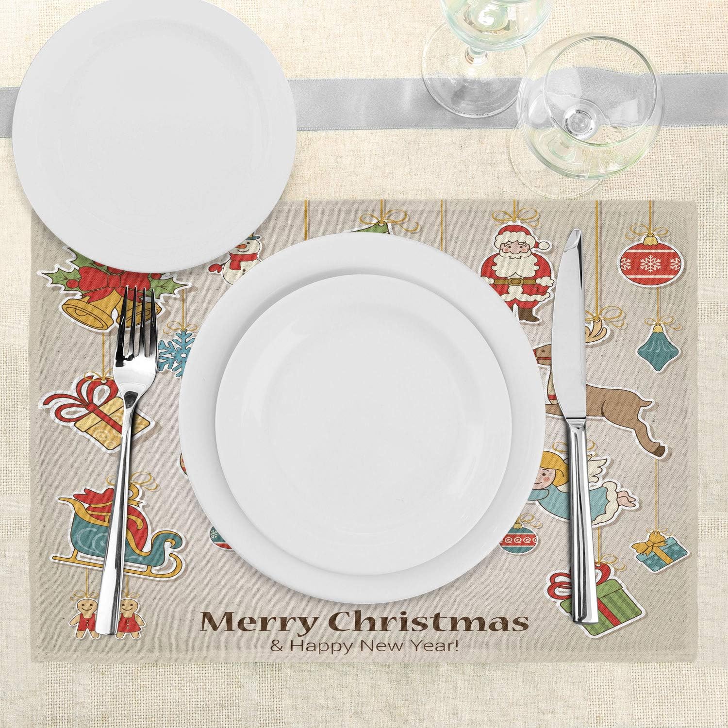 Ambesonne Christmas Place Mats Set of 4, Noel Xmas Winter Holiday Themed Celebratory Objects Retro Graphic Style, Washable Fabric Placemats for Dining Table, Standard Size, Pale Sepia
