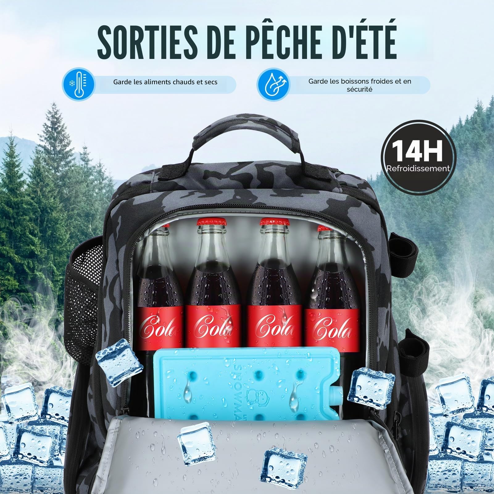 PLUSINNO Sac à dos de pêche avec supports de canne et glacière, grand sac de pêche résistant à l'eau, sac à dos de pêche pour le camping, cadeaux de pêche pour homme, père, camouflage noir, camouflage