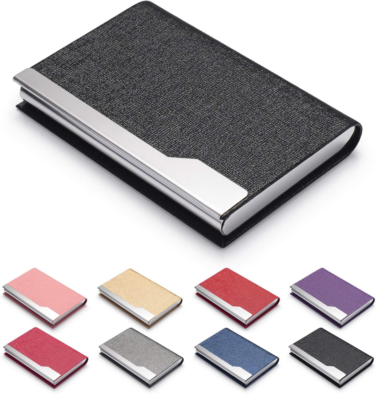 CKANDAY Porta Biglietti Da Visita 3 Pezzi - 2 In Pelle PU E 1 In Acciaio Inox, Chiusura Magnetica - Nero, Blu, Argento - Foto 6