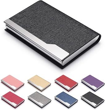 Business Card Holder - Luxury PU Leather Name Card Case & Stainless Steel Multi Card Wallet, Slim Metal Pocket Credit Card ID Holder With Magnetic Shut - Black