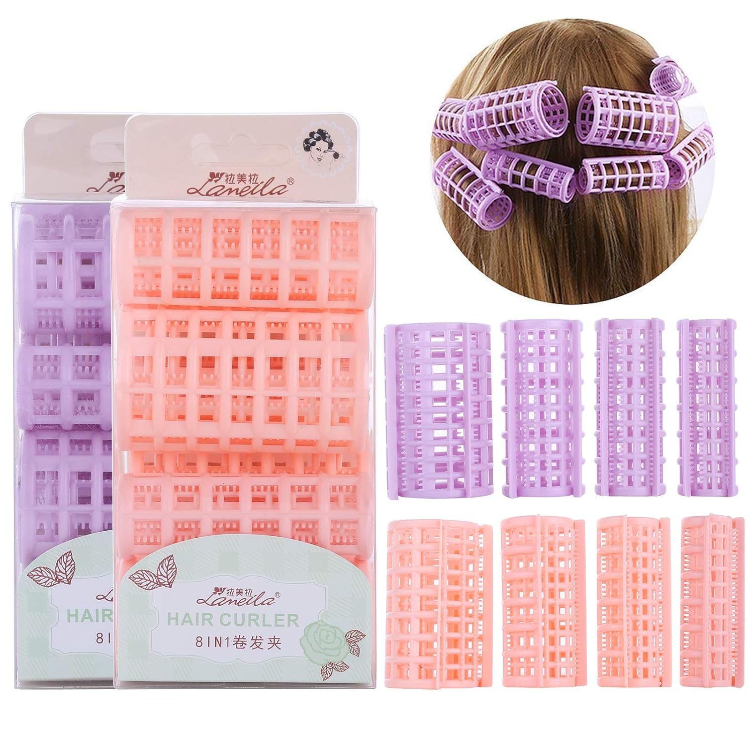 16Pcs Multi-Size Plastic Hair Rollers, Hair Curlers Self Grip Hairdressing Clips, DIY Curly Hair style Curling Tools, Large/Medium/Small Curler for Women Ladies, Random Color, 2 Count