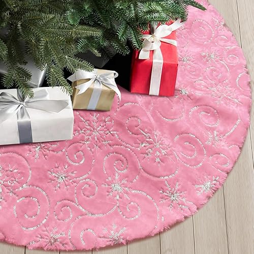 Vista 44 de Faldones de felpa para árbol de Navidad, 30 pulgadas, de piel sintética blanca como la nieve, cubierta de base de árbol de Navidad con copos