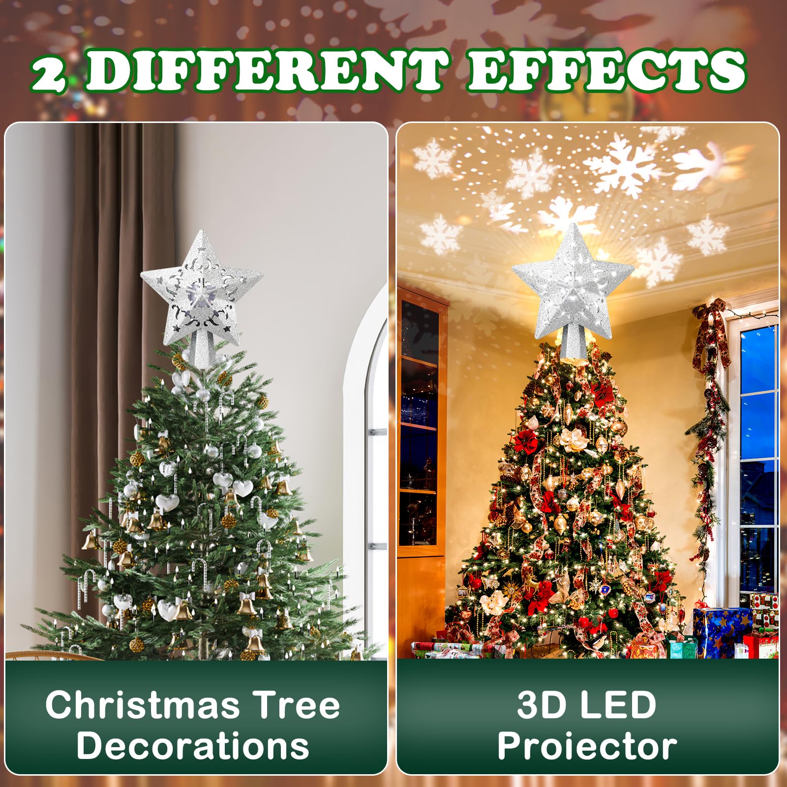 Proyector de decoración para árbol de Navidad, estrella LED iluminada, proyector de estrella plateada con purpurina con proyección de Navidad giratoria de copo de nieve para decoración de árbol de