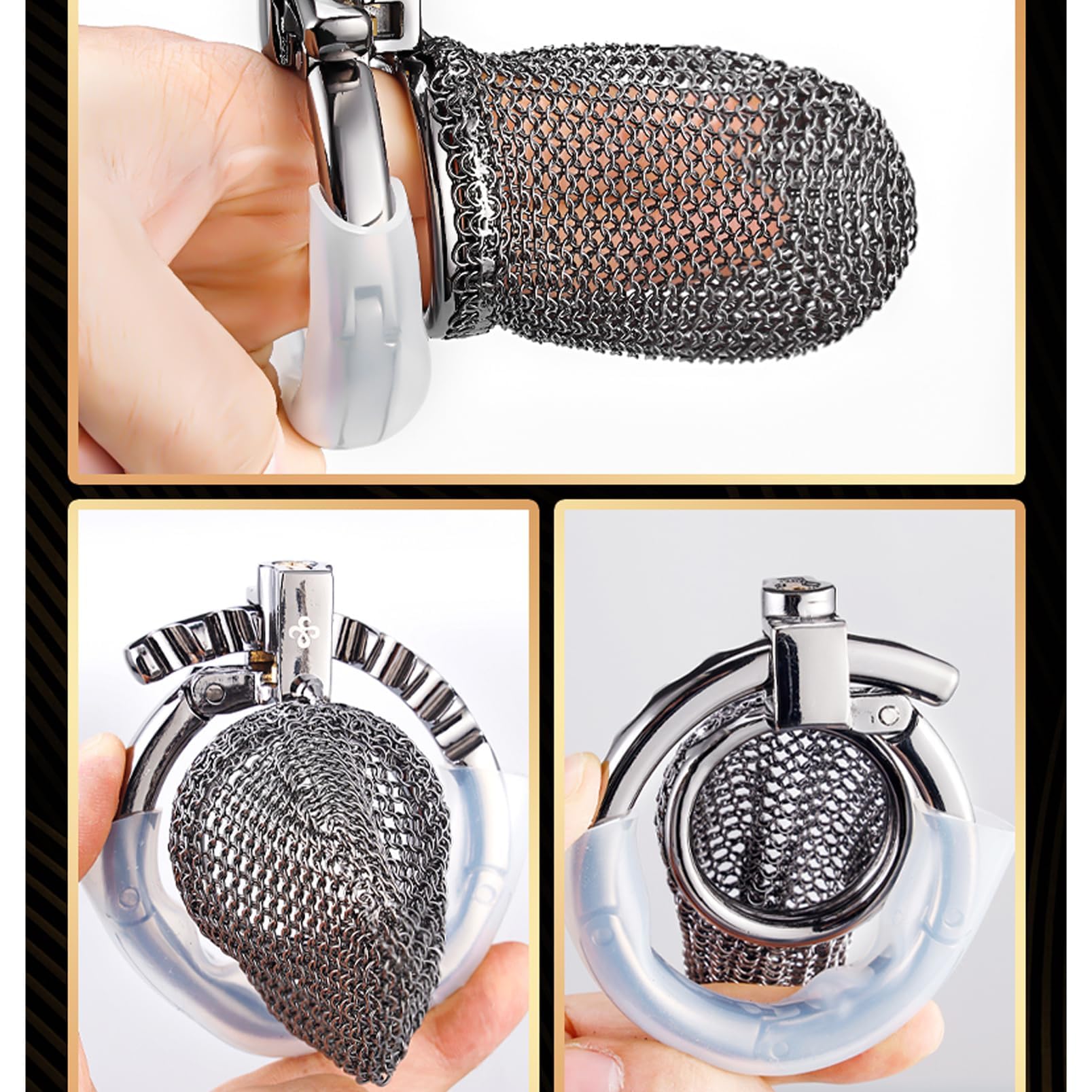 Gabbia del pene in 2 lunghezze Mesh castità gabbia uomini giocattolo del sesso con 7 dimensioni regolabili anello metallo gabbia di castità per gli uomini pene SM Bondage (Black,L)