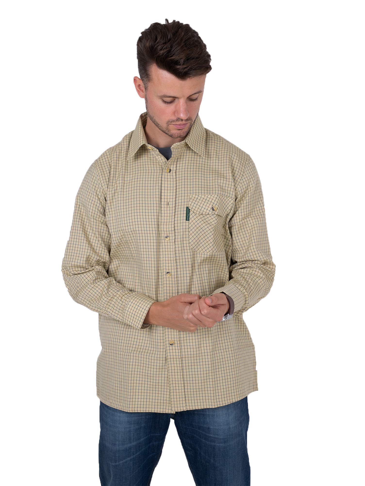 Hazy Blue Men's Cartmel Beige Long Sleeve Fleece Lined Shirt | Check Country Outdoor Work Insulated Shirt - M