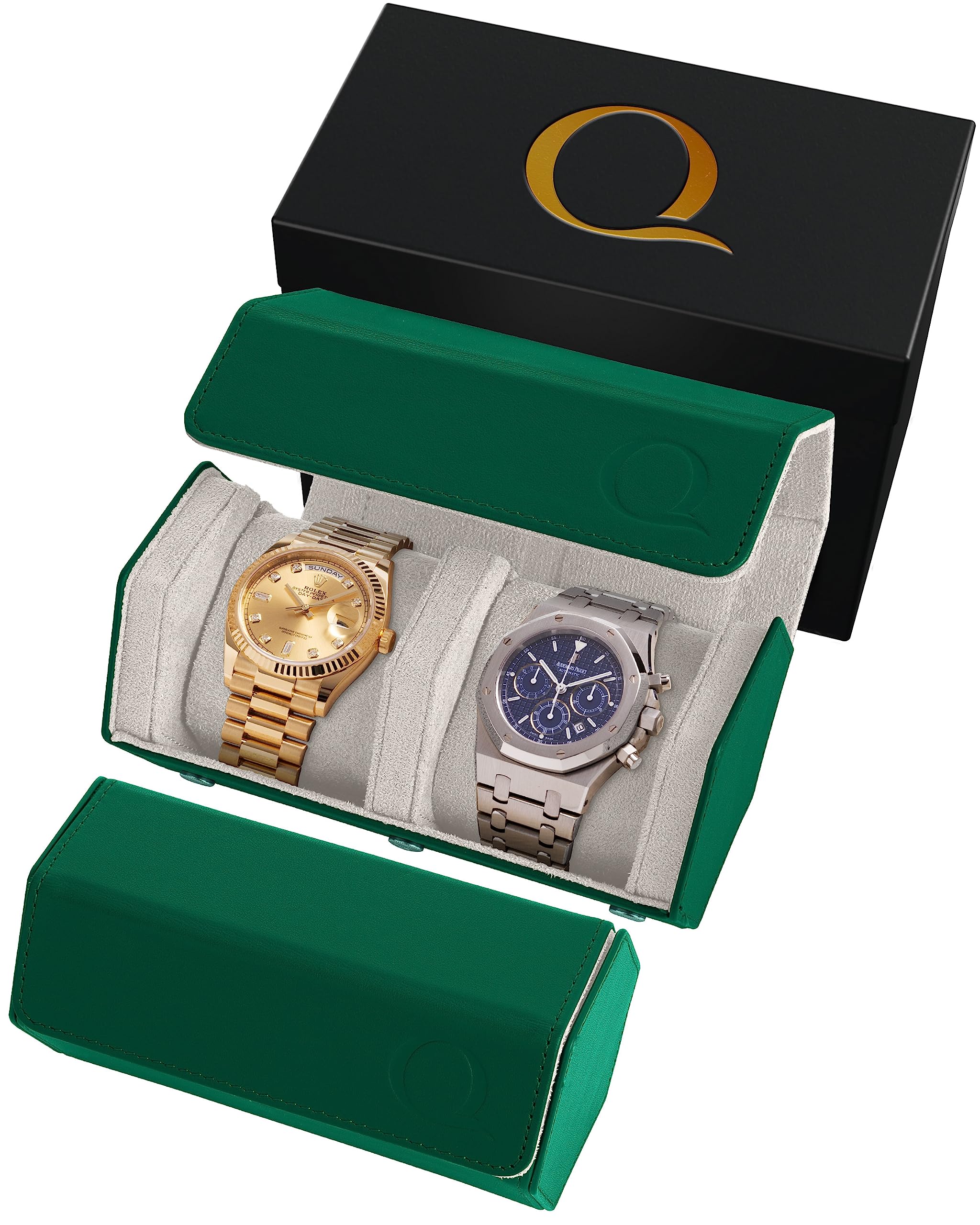 QWATCHBANDSDual Leather Watch Case for Men - Double Watch Roll Travel Case - Genuine Napa Leather with Luxury Velvet Interior - Storage & Display Holder for 2 Watches - Watch Accessories (Green / Cream), Double
