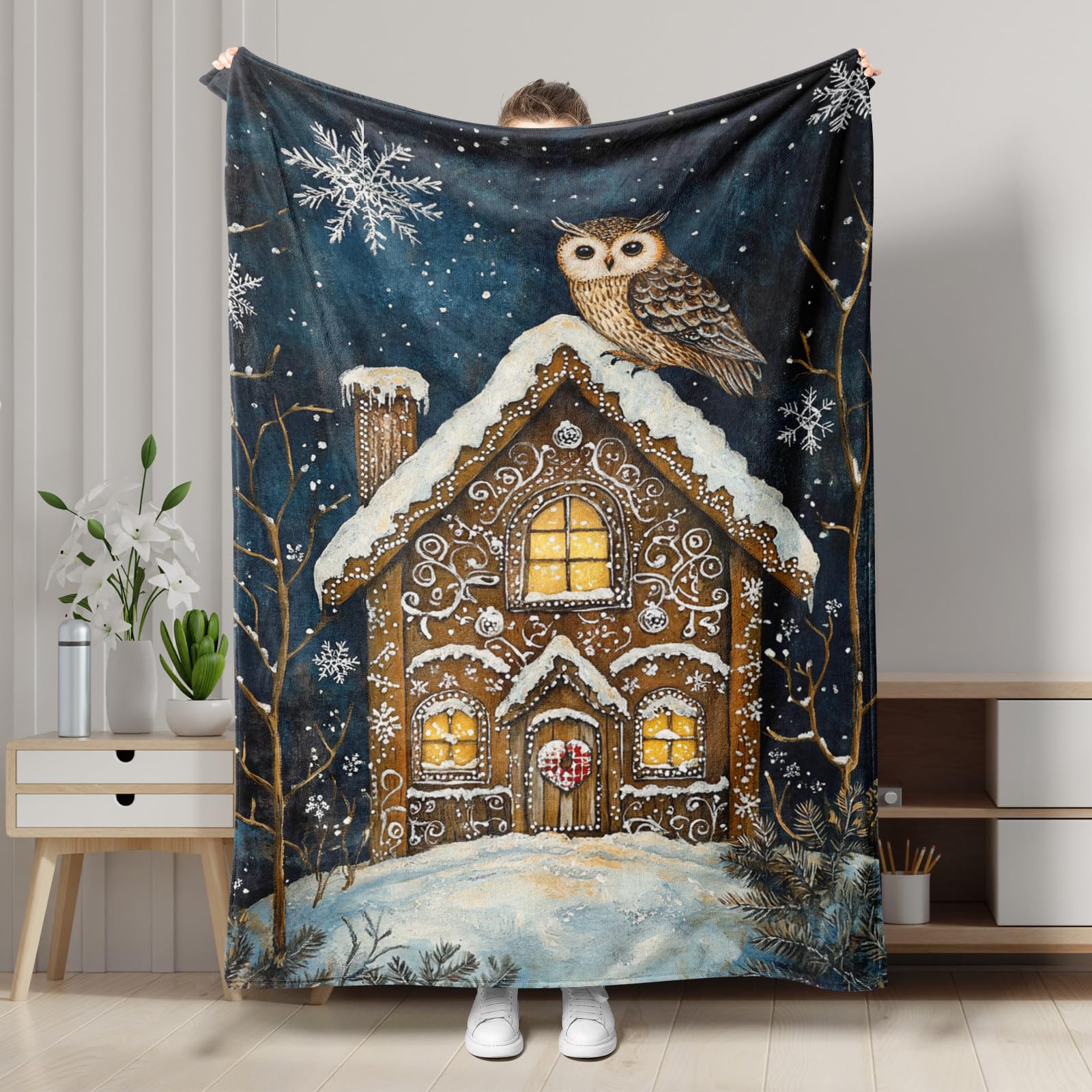 Manta de invierno con diseño de búho, color marrón, acogedora manta de franela para Navidad, manta suave y cálida para sofá, cama, todas las estaciones, 50 x 60 pulgadas