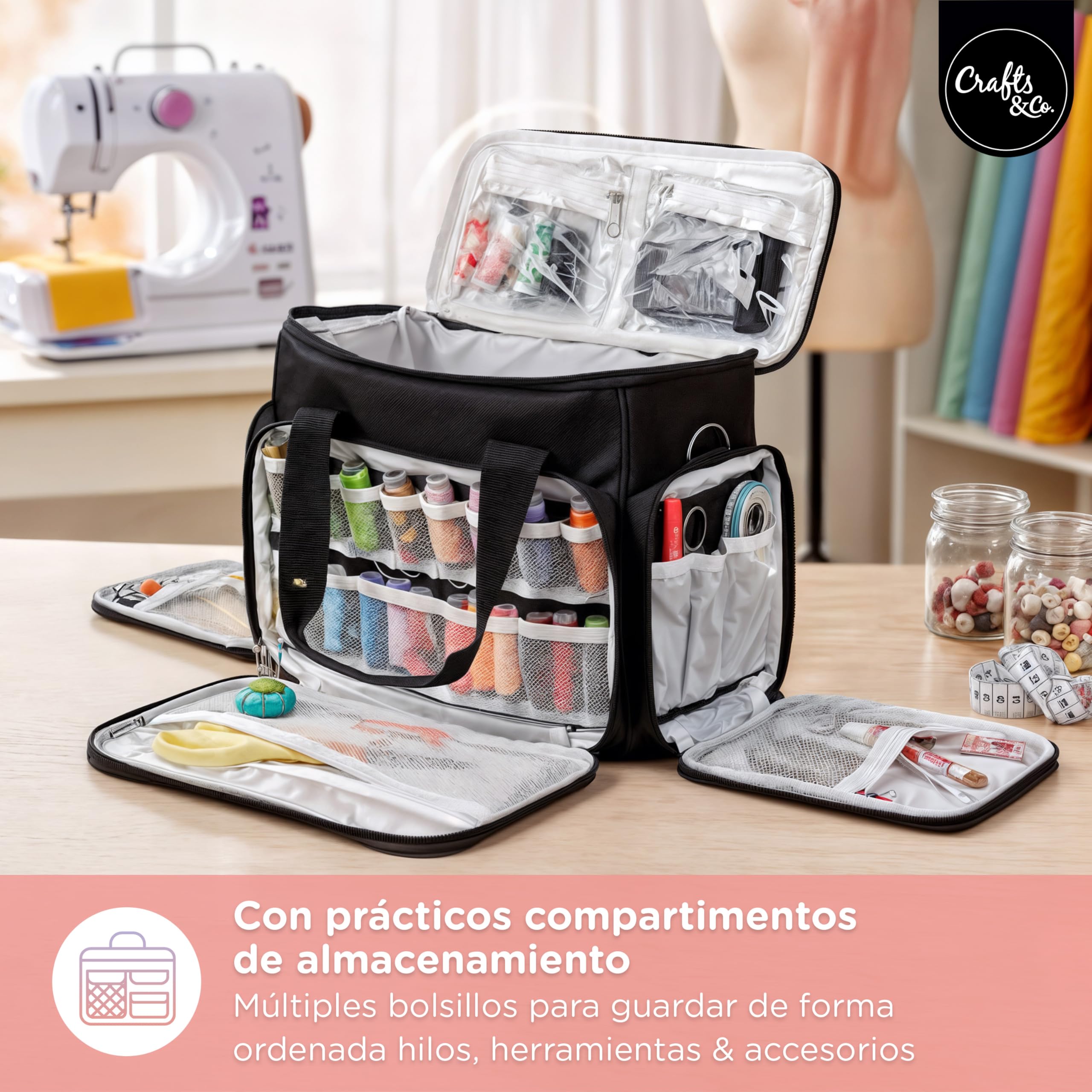 Crafts&Co® | Bolsa de máquina de coser con asas sólidas | Bolsa de transporte para máquina de coser | Con prácticos compartimentos de almacenamiento | Negro, negro, DIY