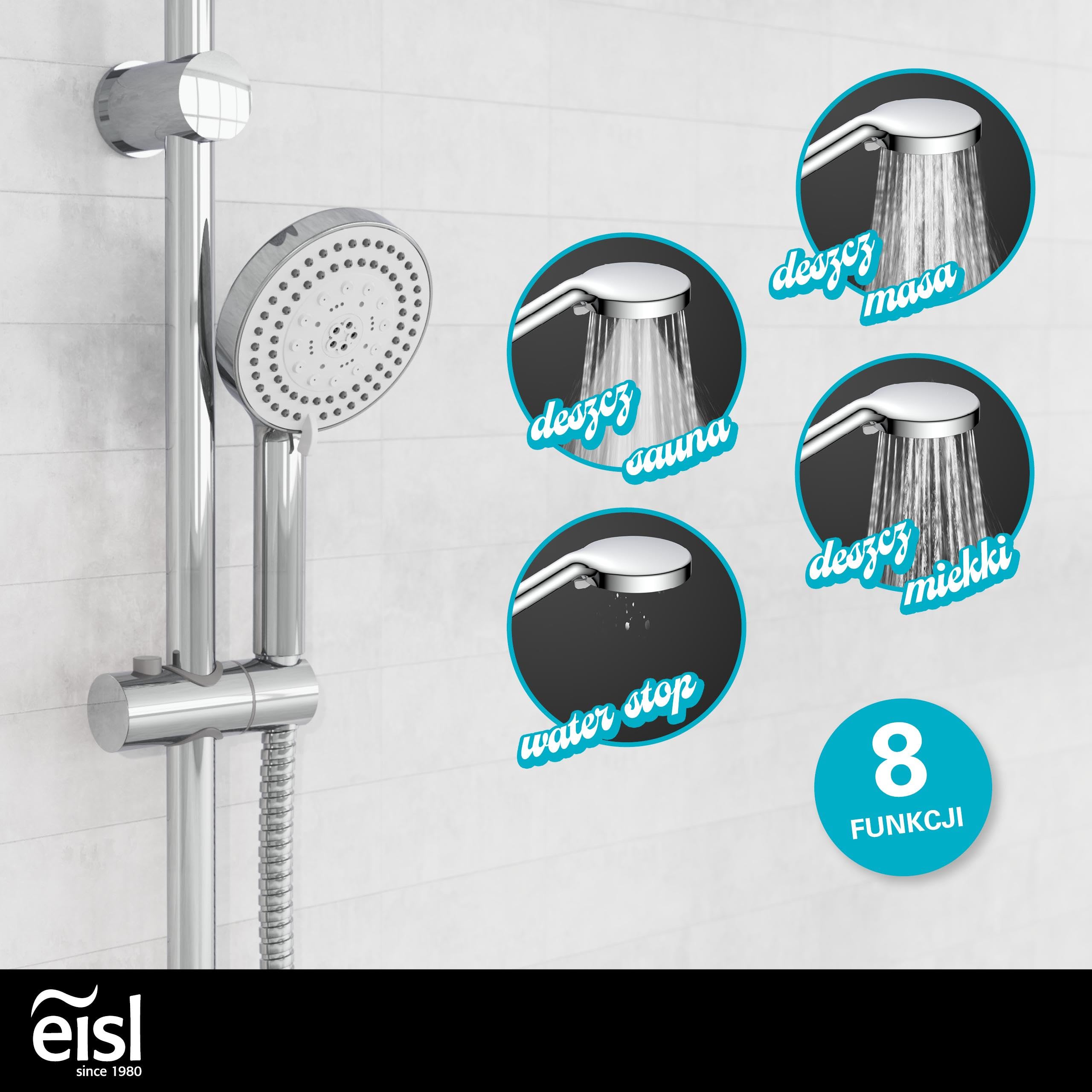 EISL WELLY DX6051 Słuchawka Prysznicowa z 5-Stopniową Regulacją, Uszczelką Oszczędzającą Wodę, Uniwersalnym Przyłączem Węża, Chromowana