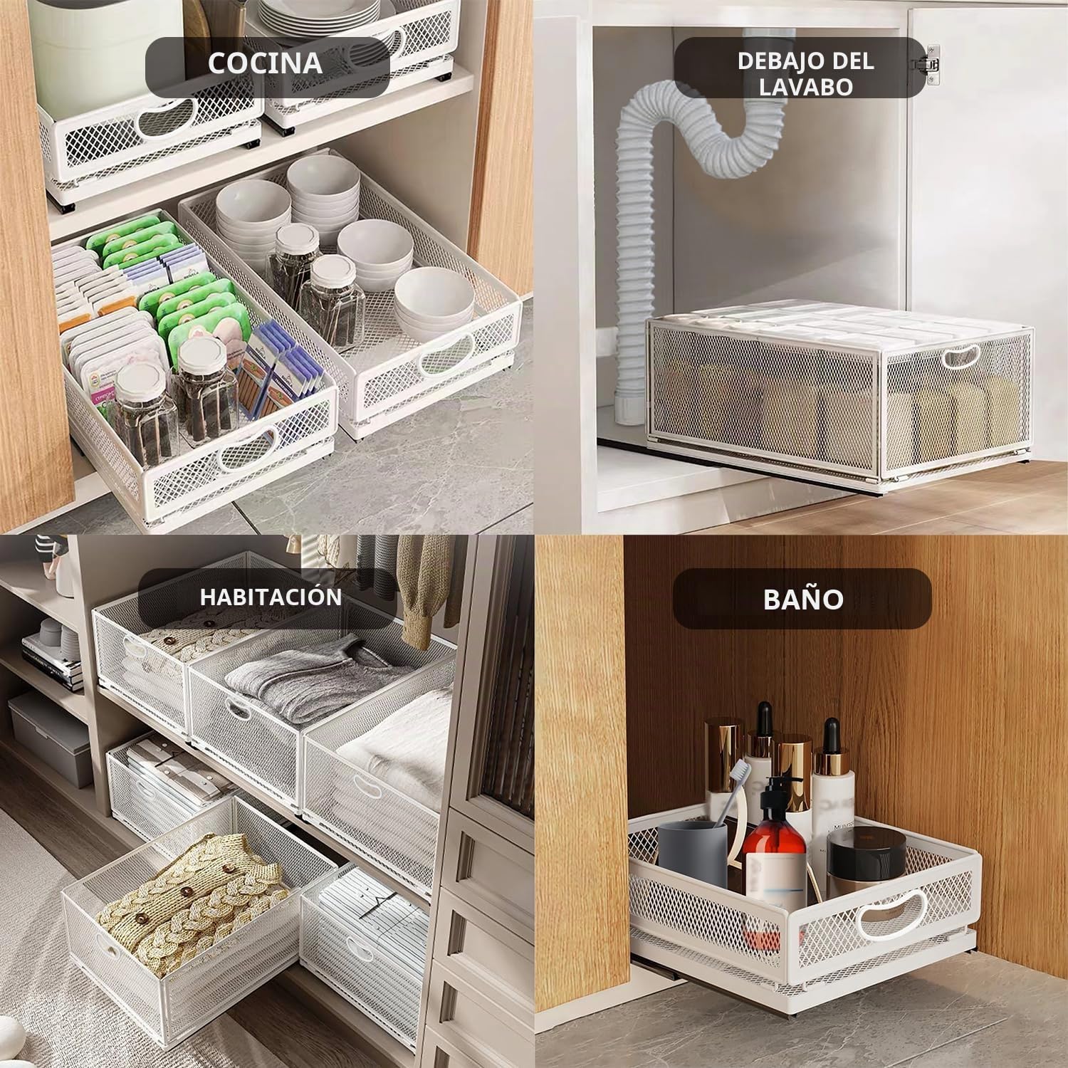 Cesta organizadora deslizante para armario, cajón autoadhesivo, estantes de despensa, acero al carbono, cesta de almacenamiento con asa para baño, cocina, hogar