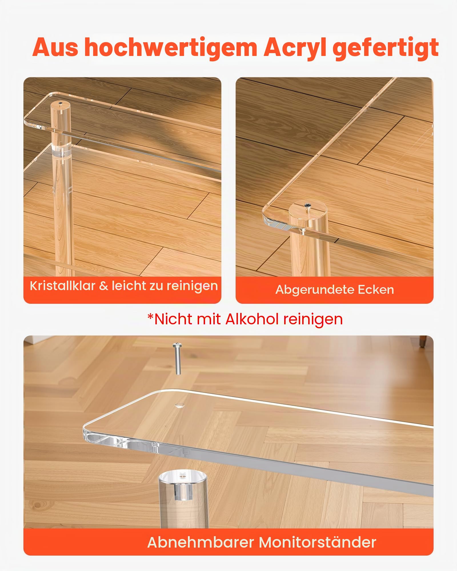 VEVOR Acryltisch Computertisch 2-stufiger Bürotisch mit Monitorständer, moderner Schreibtisch (60 kg belastbar) für Schlafzimmer Büro Arbeitszimmer Garderobe, 50 x 80 x 88 cm (transparent)