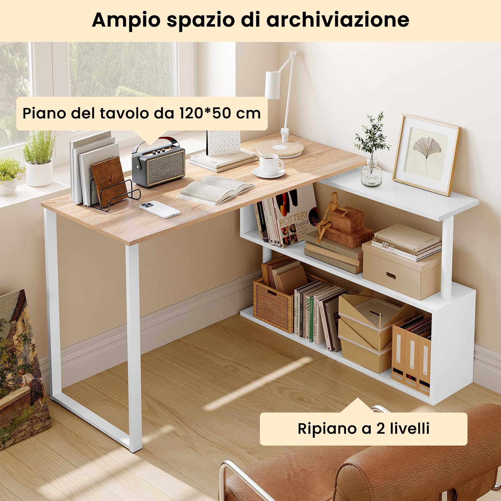WOLTU Scrivania a L Bianca con Scaffale Girevole - Scrivania Angolare 120x100x74cm + Porta Libri, per Camera/Soggiorno/Ufficio