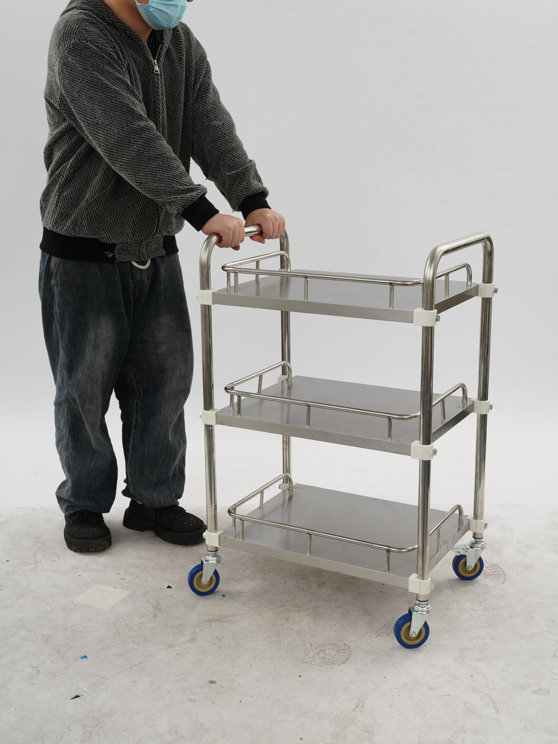 Carrello da laboratorio, per ingegneria medica, in acciaio inox 201, portatile, capacità di carico: 25 kg, 500 x 400 x 860 mm, design tripla, argento