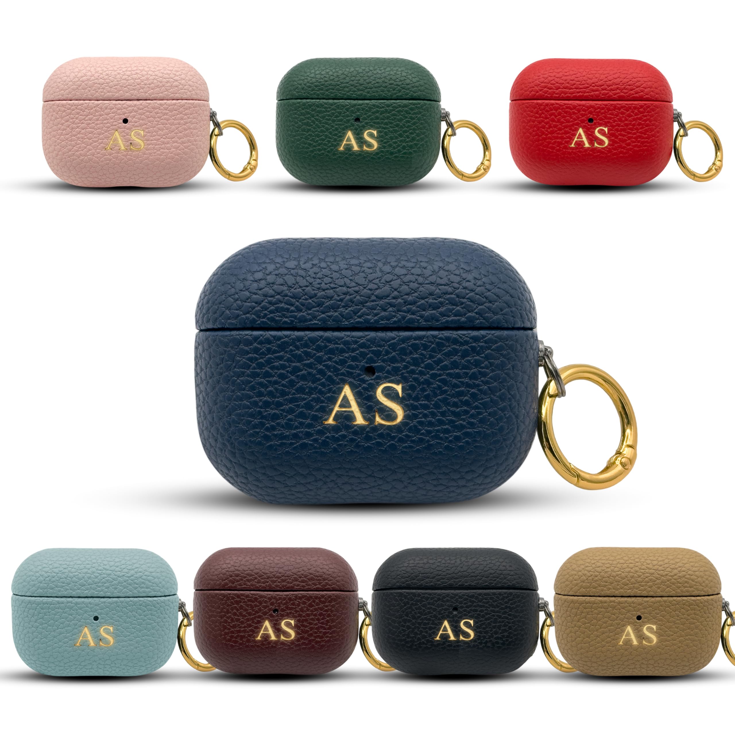Personalised Leather Case for Apple Airpods Pro 2 - Customised Vegan Leather Airpod Cover - Gold Embossed Case with your own Name Initials and Golden Hook Keychain [04- Navy Blue]