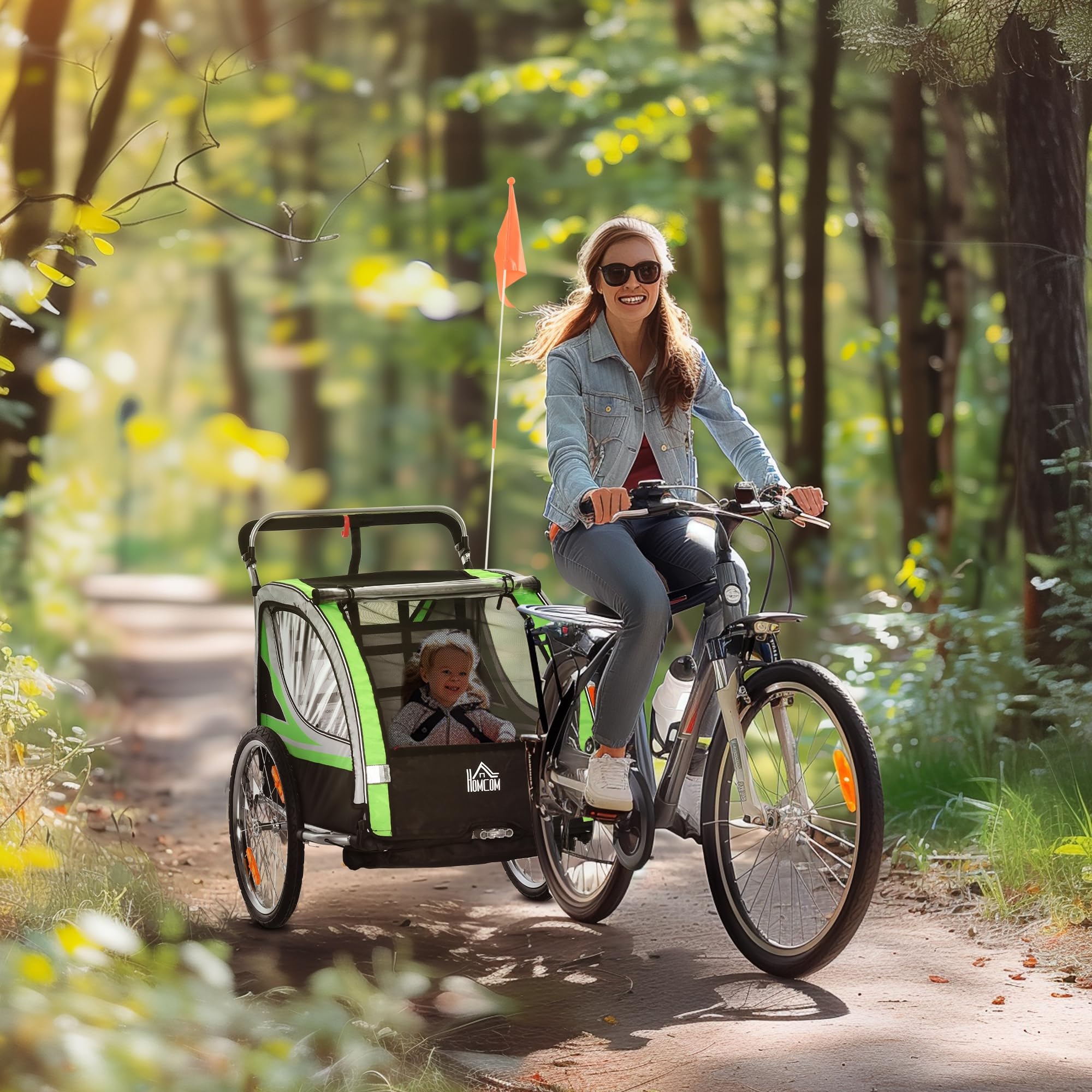 HOMCOM 2 w 1 Przyczepa Rowerowa dla Dzieci z Obrotowym Kołem Przednim 360° i Hamulcem, 142 x 75 x 101 cm