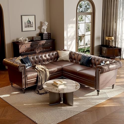 Sofá modular Chesterfield de 85 pulgadas, sofá convertible de piel sintética en forma de L con cabeza de clavo copetuda y brazos enrollados, sofás