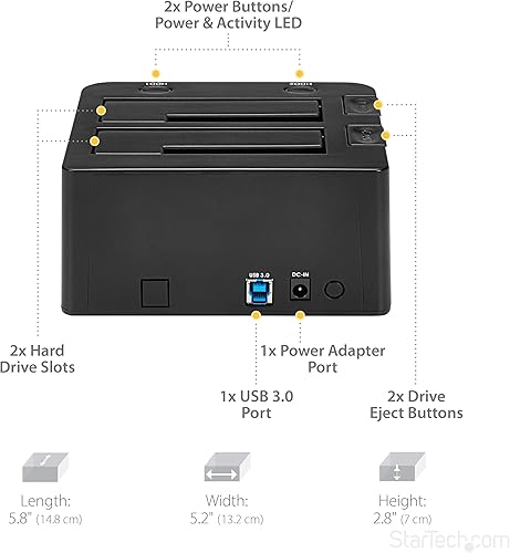 Miniatura 5 de StarTech. com Dual-Bay USB 3.0 To SATA Hard Drive Docking Station, Base para disco duro USB, externa 2.53.5" SATA IIIIII, estación de acoplamiento