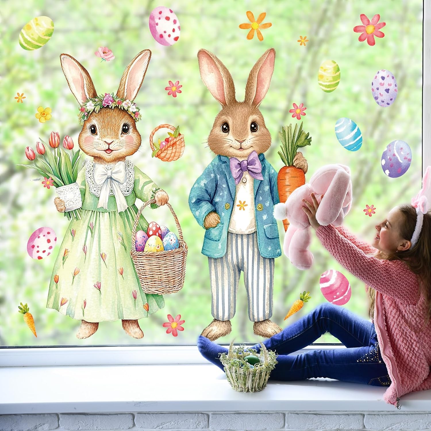 Easter Extra Large Size Window Clings Easter Decorations Bunny Window Stickers Decor Bunny Glass Window Decals Spring Easter Decor for School Home Office Happy Easter Party Supplies Decor Favors