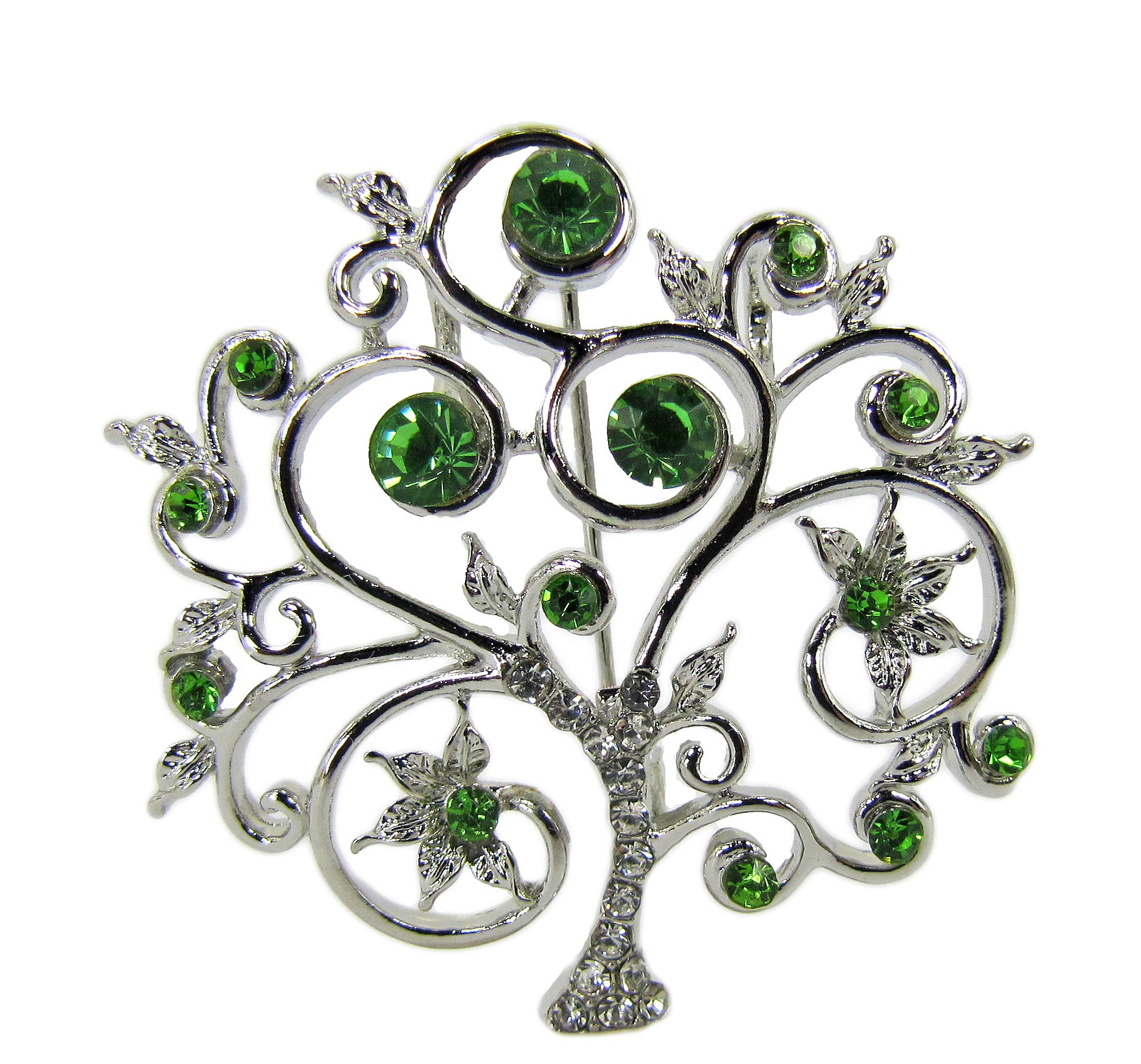Green crystal tree of life pin brooch with clear crystals and round green crystals set into the brooch. Loops on back side to make it a pendant necklace.
