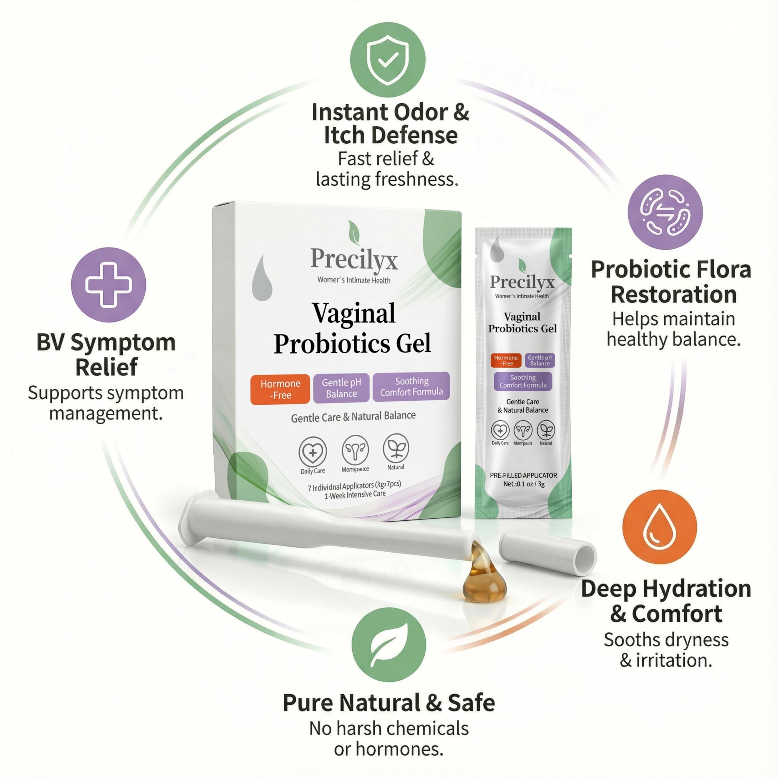 Vaginal Probiotics Intimate Care Gel for Women with Boric Acid Odor Control,Itch Relief & pH Balance Hormone-Free | BV & Yeast Infection Care | Dryness Moisturizer,7 Pre-Filled Applicators