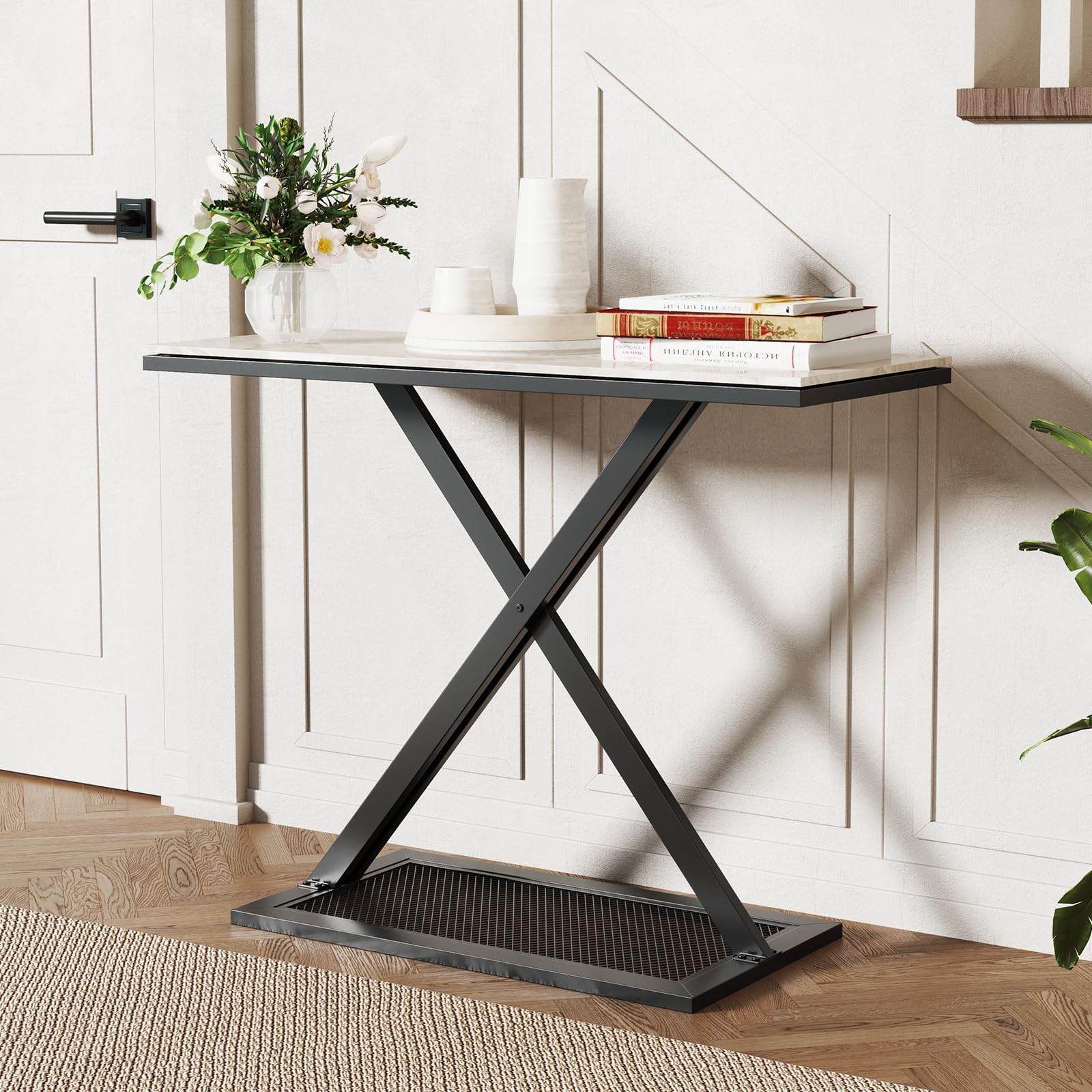 COSTWAY Mesa Consola con Encimera de Mármol, Mesita de Entrada con Marco Metálico, Mesa para Recibidor con Almohadillas Ajustables para Salón, Pasillo, Recibidor, 100 x 40 x 77,5 cm