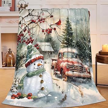 SweetFox Christmas Snowman Blanket Truck Decor Throw Blanket Gifts for Girls Boys Super Warm Soft Plush Lightweight Fleece Flannel Winter Couch Bedding Blankets for Kids Adults Women Men 50"X40"