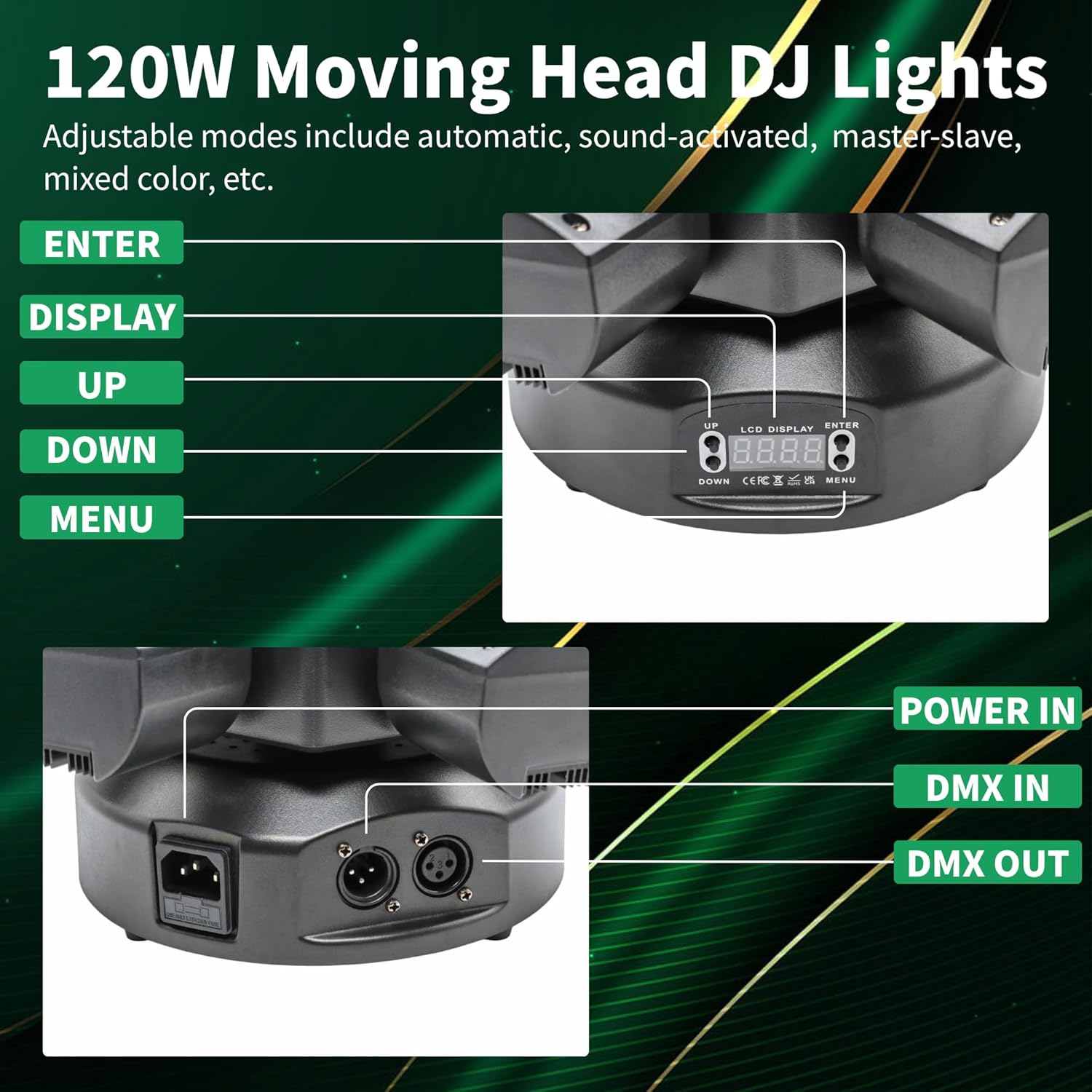 120W Moving Head DJ Lights, RGBW LED Stage Light Pattern 4-in-1 with 6 Arms Beam, 6 GOBO Mode, Red & Green Starry, White & Amber Strobe 23 RGB Magic Light Bands for Party Disco KTV Club Wedding Bar