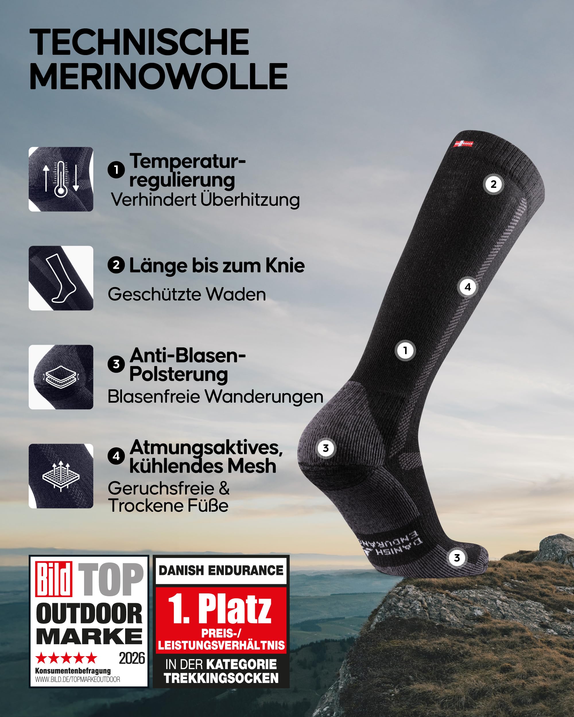 DANISH ENDURANCE Kniehohe Merino Wandersocken, Lange Thermo Wollsocken, Winter Kniestrümpfe, Oktoberfest Socken, Gepolstert & Anti-Blasen, Unisex, für Damen & Herren, 1 oder 3 Paar