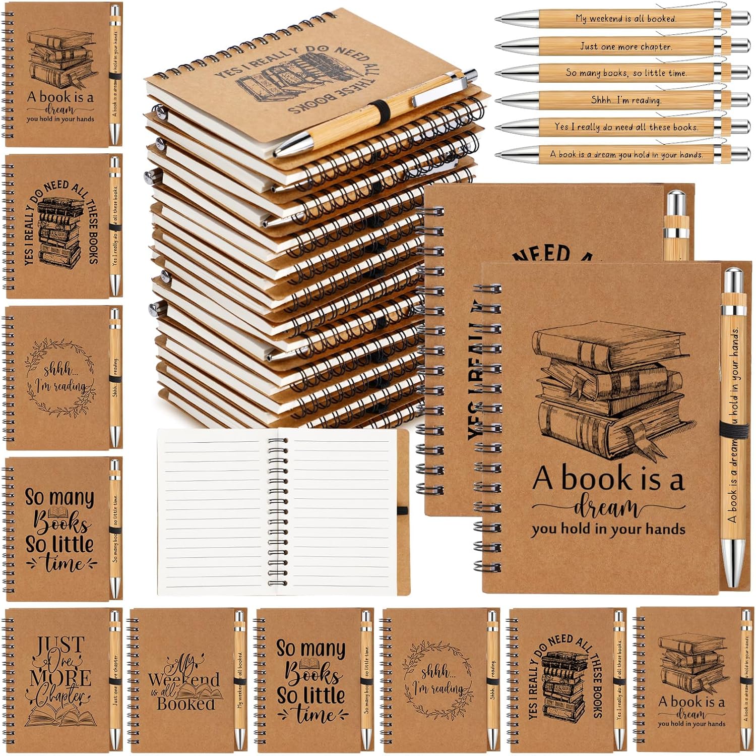 Thenshop 30 Sets Book Lover Gift Include Librarian Inspirational Spiral Notebook Pen Bulk Book Club Gift Reading Journal Librarian Gifts for Women Reader Teacher Bookish bookworm (Morandi Color)