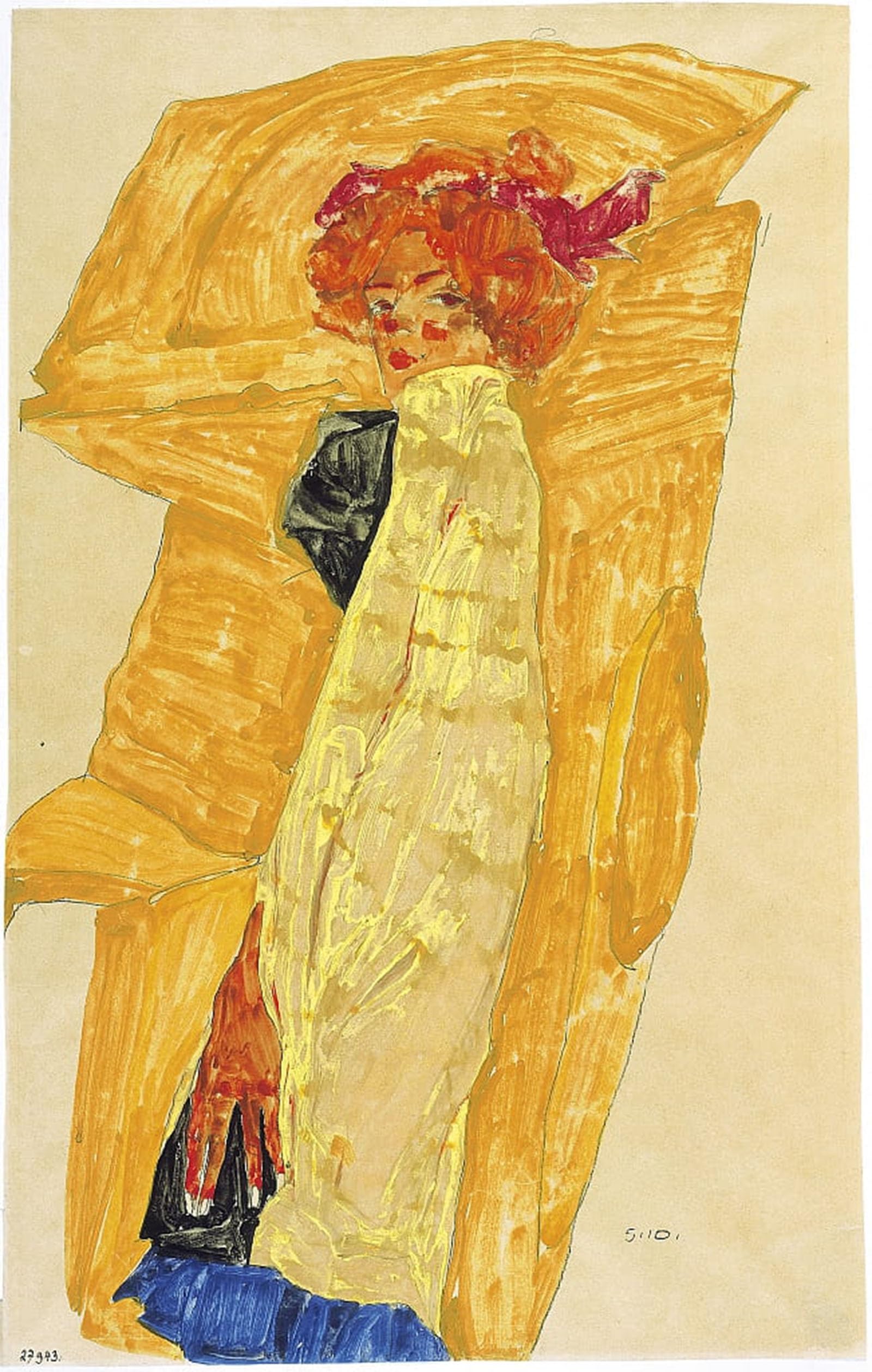 Artxlxxbn No Frame Famous Prints Artwork Pictures Poster Painting Art Gerti In Front Of Ocher-Colored Drapery By Egon Schiele Artwork Landscape Pictures For Home Decor 60X90cm