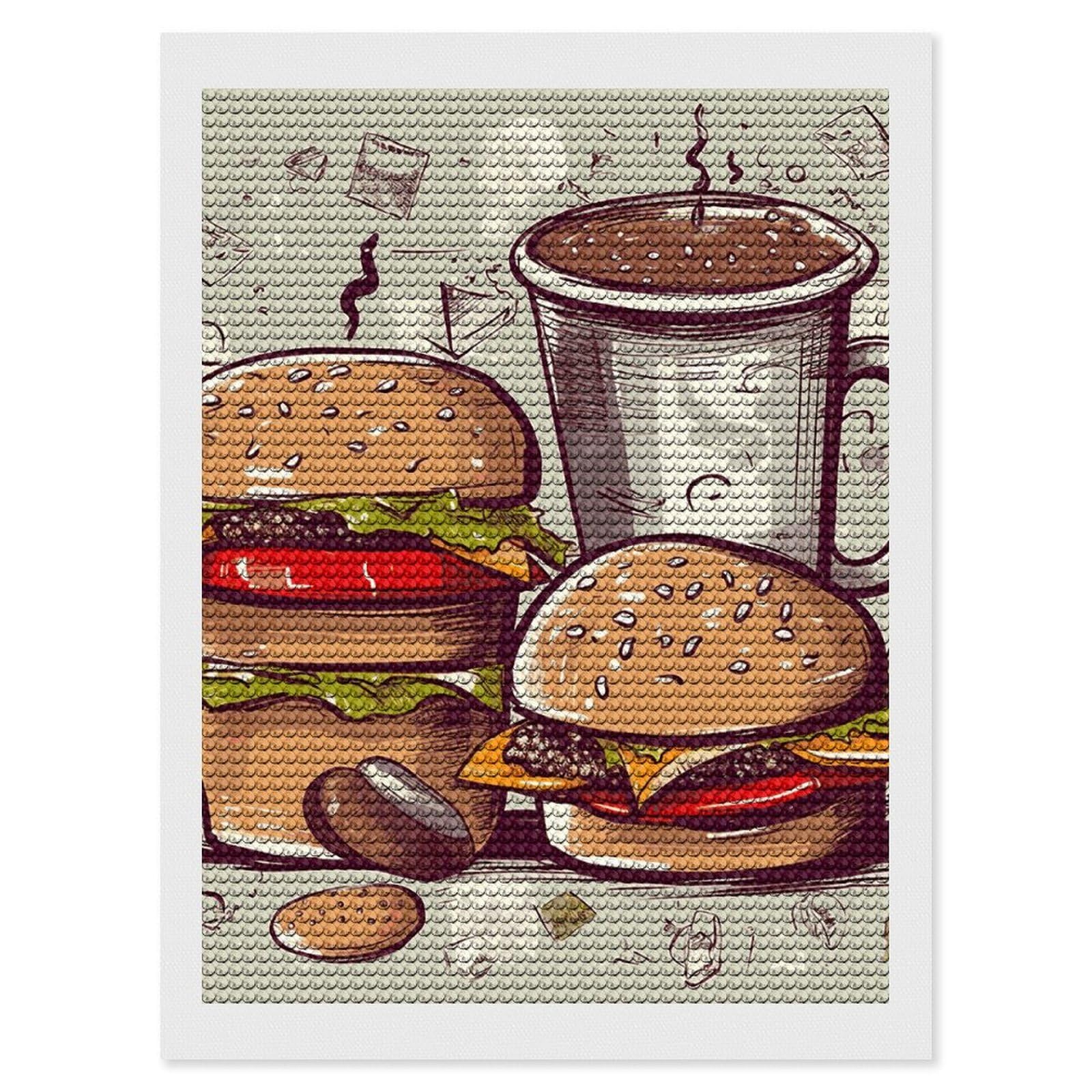 DWVTSLH Funny Food Hamburgers and Mugs Diamond Painting Kits for Adults, Personalized Diamond Photo Art Full Drill, DIY 5D Diamond Art Painting Kits for Beginners, Home Wall Decor 12"x16"