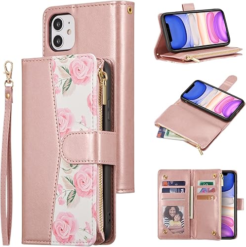 Miniatura 1 de UEEBAI Funda tipo cartera para iPhone 11 de 6.1 pulgadas, piel sintética con cierre magnético, funda de bolsillo con cremallera, ranuras para