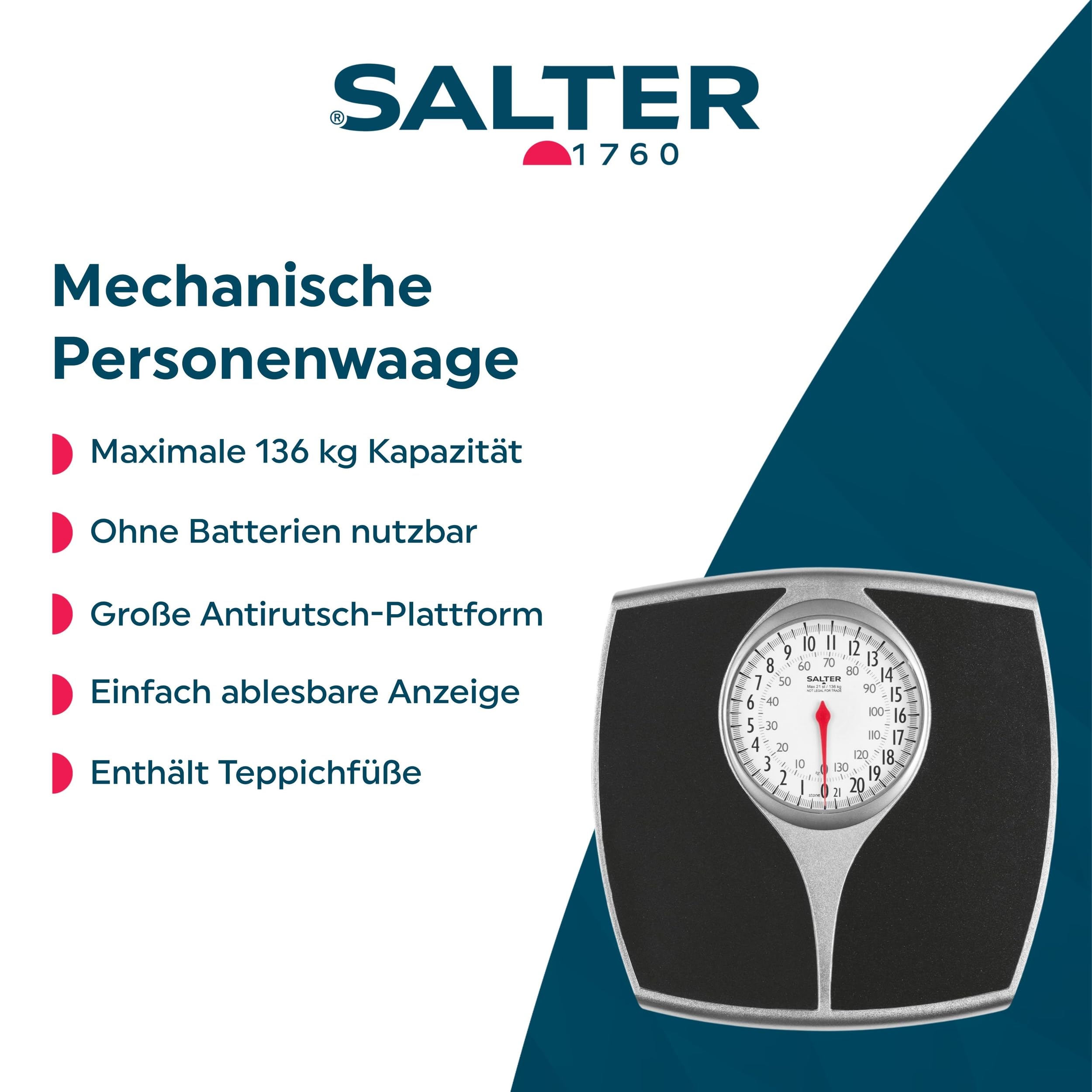 SALTER 148 BKSVDR Speedo Mechanische Waage, extra großes und leicht ablesbares Zifferblatt, große Plattform, max. 136 kg, keine Batterien, präzise und zuverlässig, in kg oder lbs, Schwarz Silber Einheitsgröße
