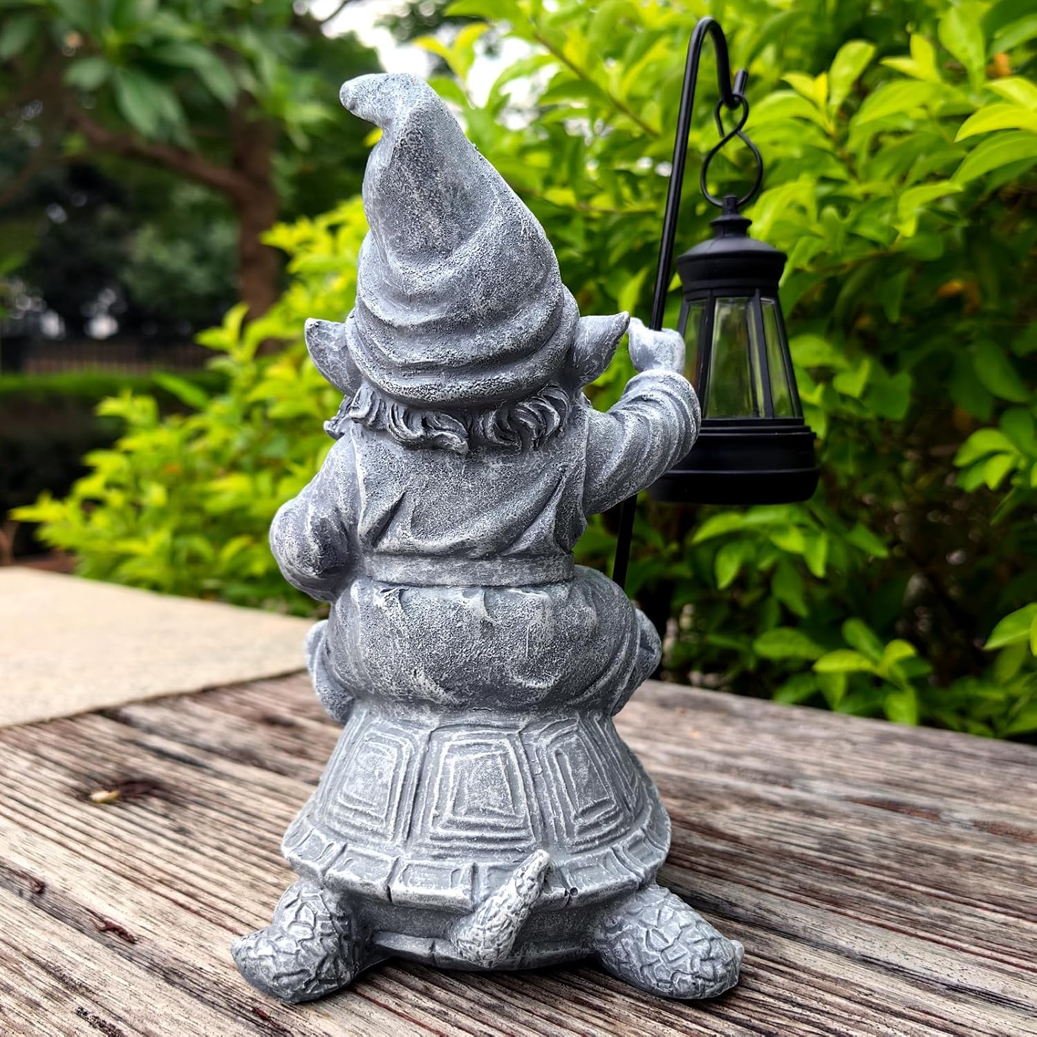 Garden Gnome Statue Riding Turtle - Garden Gnomes Decorations with Solar LED Lights, 7.9" Outdoor Resin Figurine Ornament for Patio, Yard, Funny Lawn Decor (Gray)