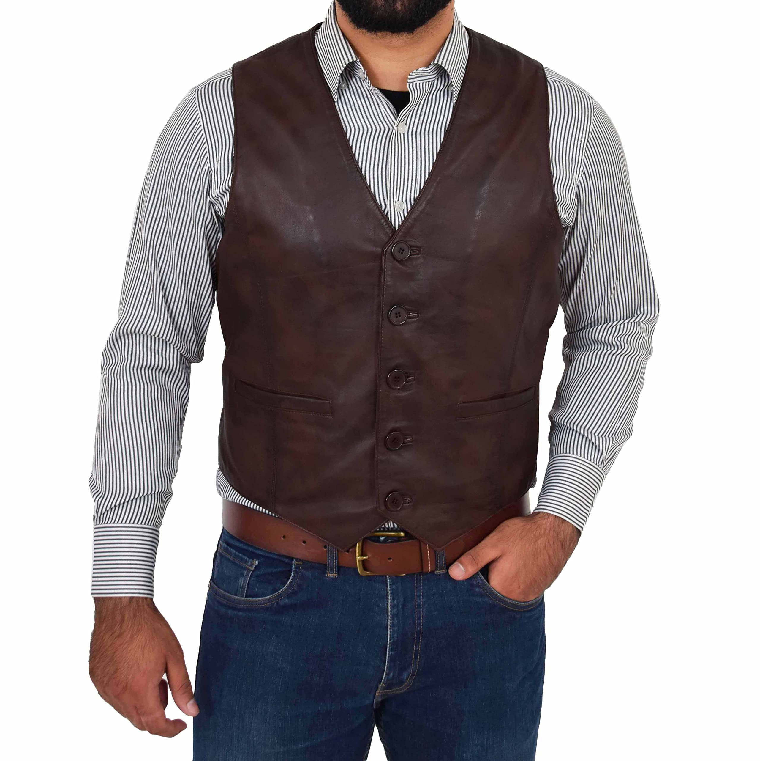 DR135 Gilet classique en cuir pour homme Marron