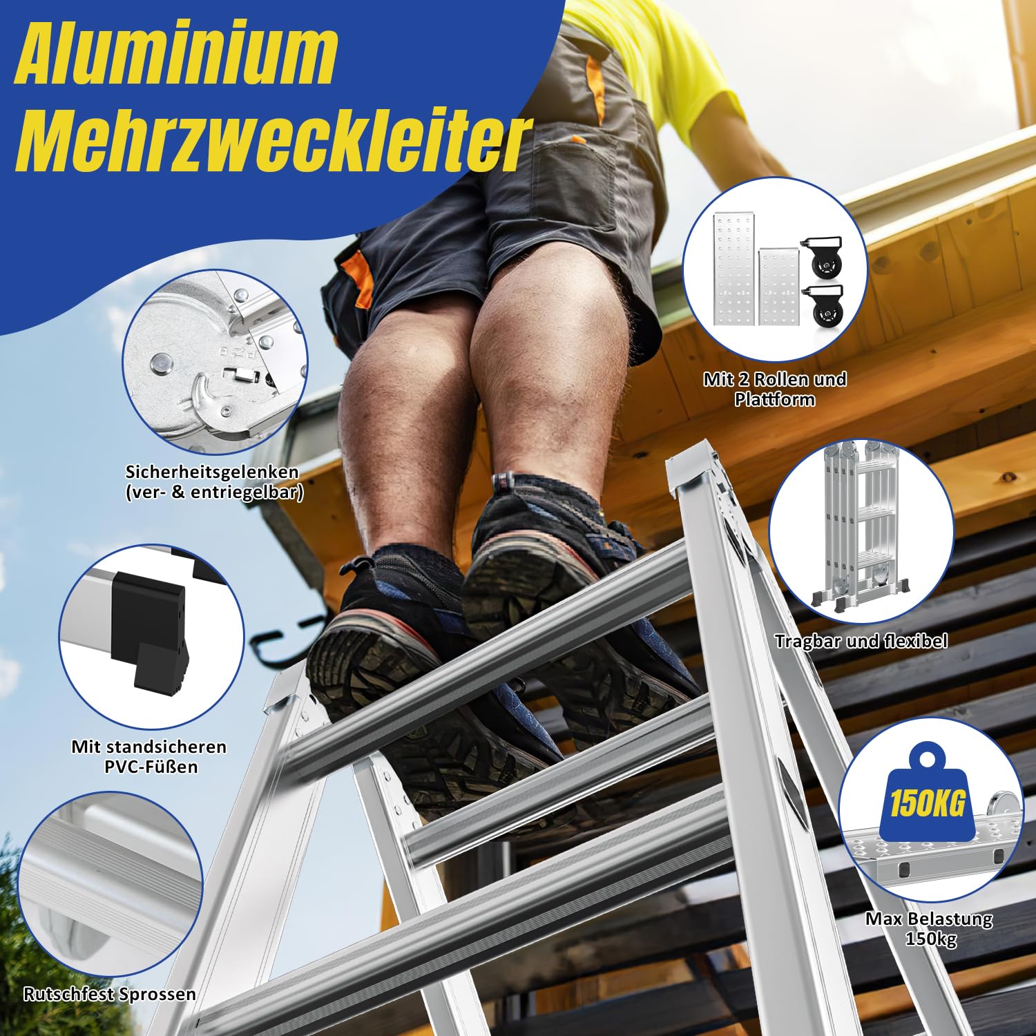 Échelle multifonction - 4 x 3 - 360 cm - 7 en 1 - En aluminium - Avec 2 plateformes et 2 roulettes de transport - Jusqu'à 150 kg