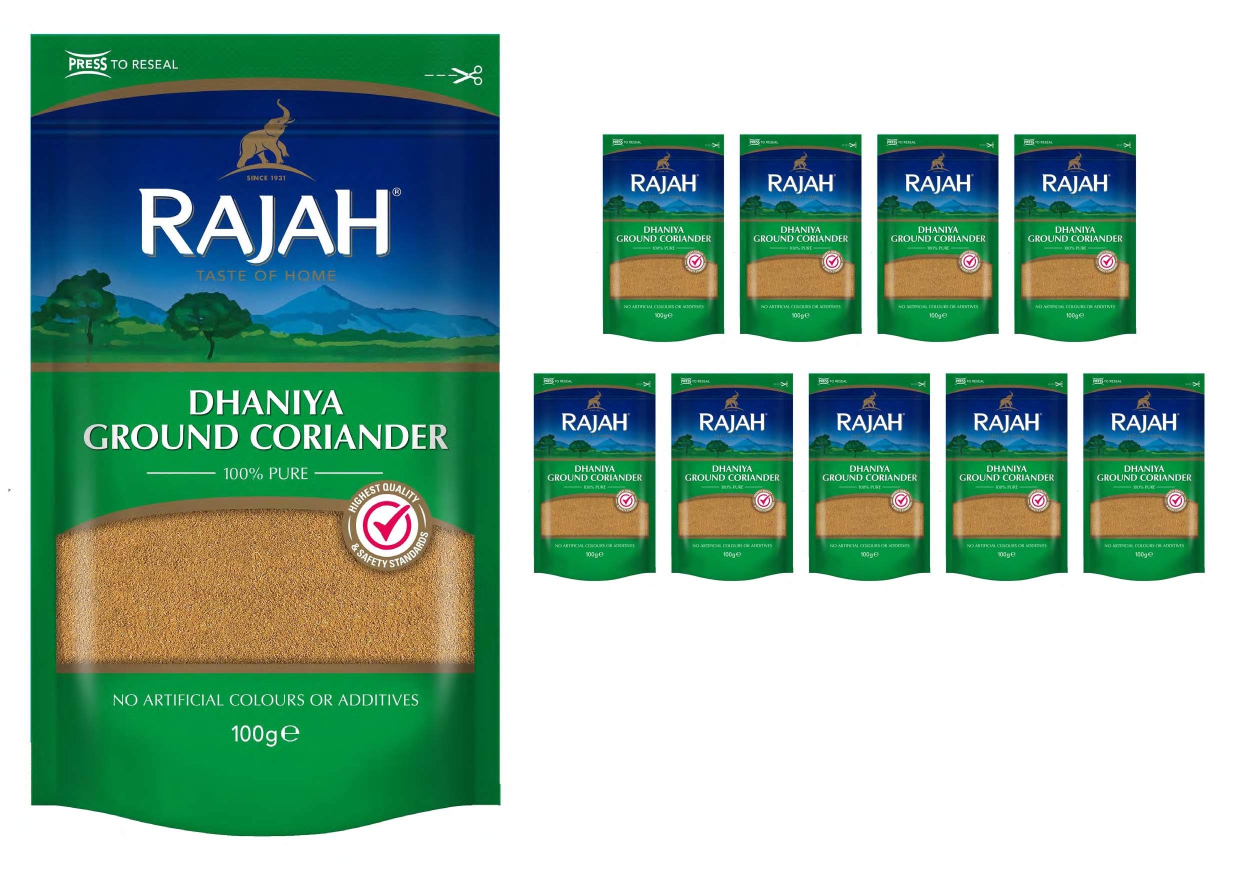 RajahSpices Dhaniya Ground Coriander | Coriander Powder | Ada | Adarak | ADU | Adaraka | Adrak | (10 x 100g)