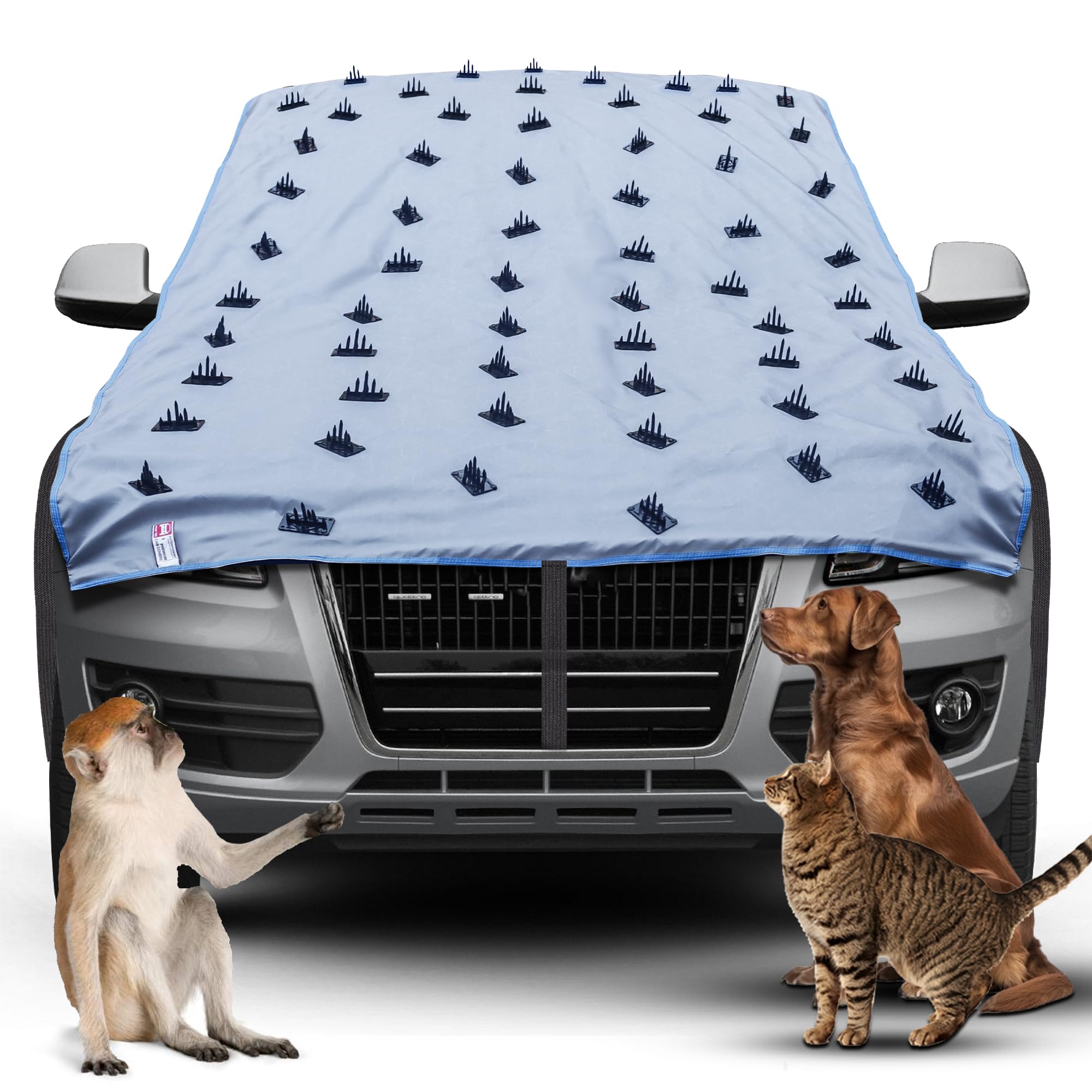 Dog Protection Spike Half Car Cover 14ft Length 5Ft Width SUV's and Normal Sedan Cars Waterproof Anti-Climb Design Prevents Dogs & Monkey Protect→Sitting, Nail Scratching, Bite on Bonnet to roof-Grey-image-22