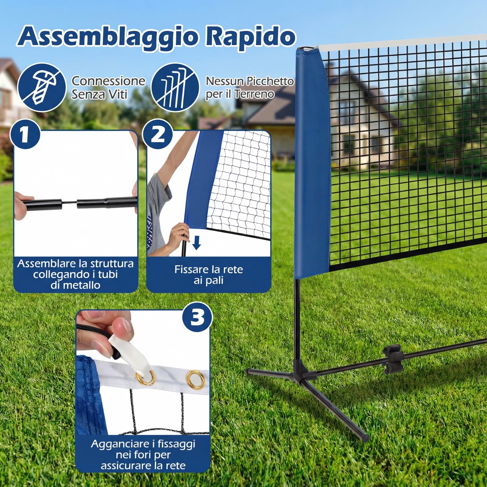 COSTWAY Rete da Badminton 310/420/510 cm Portatile e Regolabile in Altezza, Rete da Badminton con 2 Volani, Tappi per Piedi, Morsetti e Borsa, per Pallavolo e Pickleball