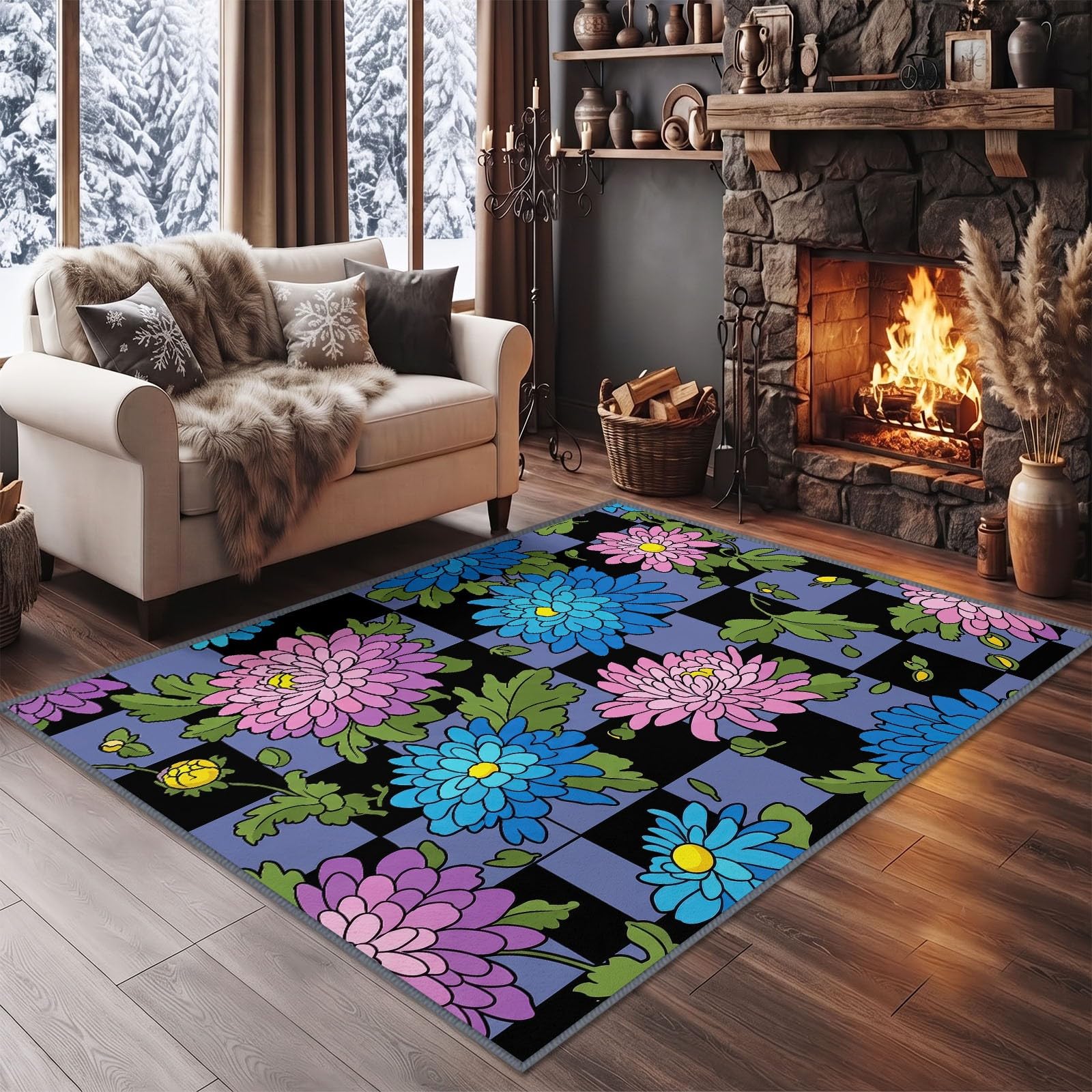 Alfombra moderna de 140x200 cm lavable con diseño de cuadros para el salón o dormitorio