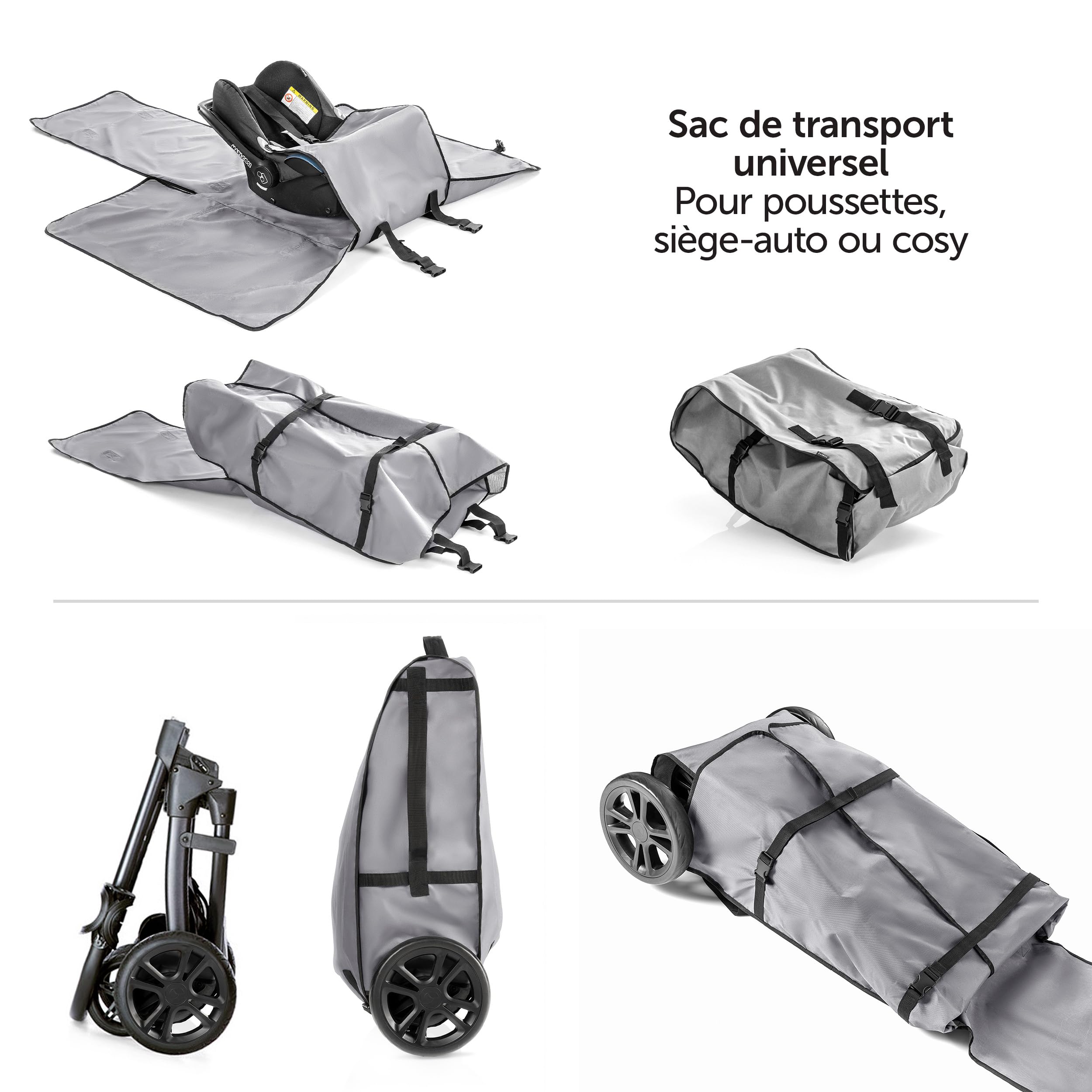 Zamboo Sac Transport Poussette, Aussi Rangement pour Siege Auto et Cosy Bebe, Idéal pour Voyage en Avion ou Voiture, Inclus Housses Protection Roues - Gris