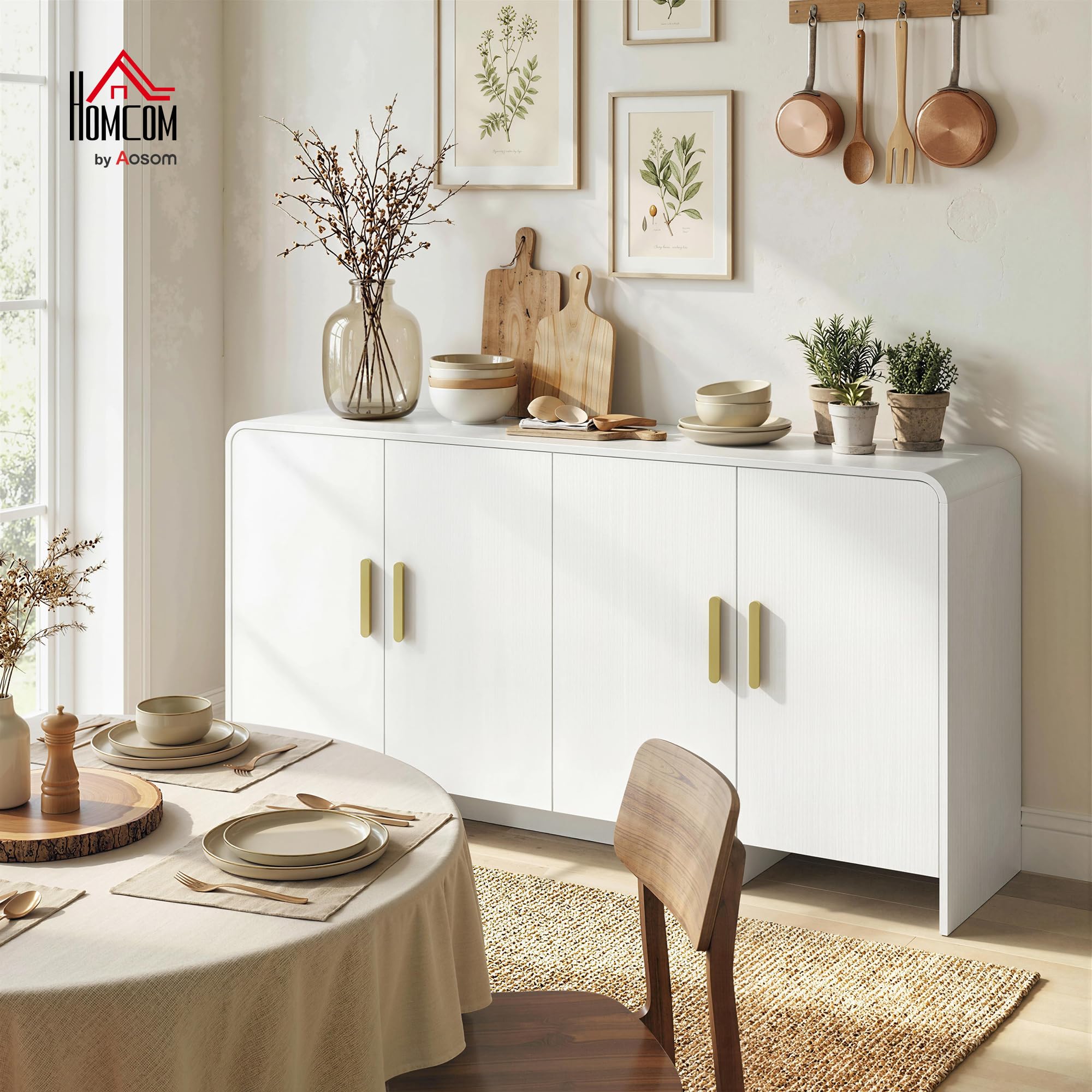 HOMCOM Aparador de Cocina, Armario de Cocina con 4 Estantes, 4 Puertas de Cierre Suave, Bordes Redondeados, Aparador para Comedor, Mueble para TV de 72 Pulgadas, 152x40x80 cm, Blanco