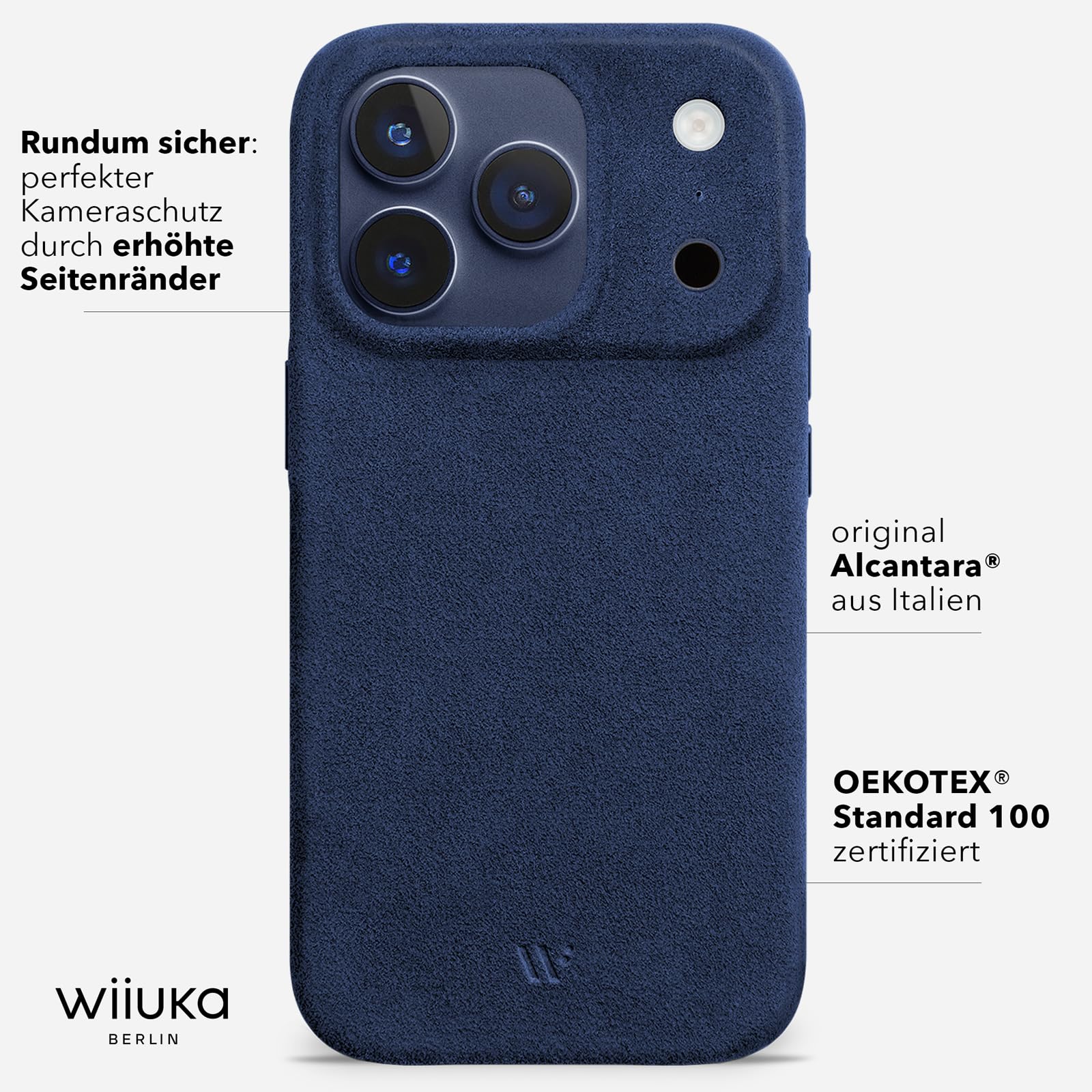 WIIUKA Etui do iPhone 17 Pro Max, oryginalne Alcantara®, ręcznie wykonane, bardzo cienkie, premium etui na telefon komórkowy, Case, Qi, alternatywa dla skóry, skiin Alcantara, niebieskie