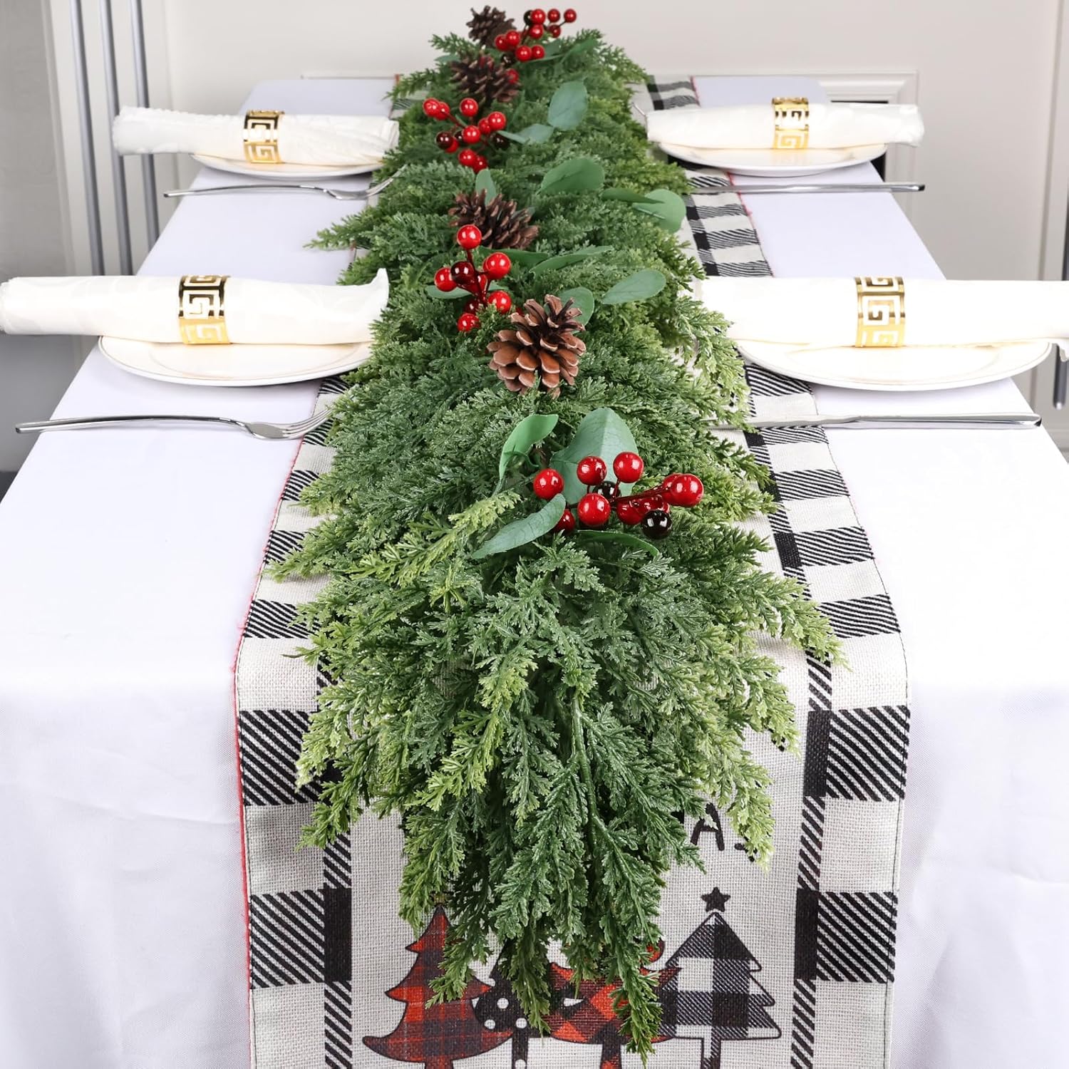 6ft Christmas Garland Realistic Soft and Thickness Green Faux Cedar Pine Garland Artificial Cedar Cypress Garland with Red Berries for Home Fireplace Wall Indoor Outdoor Holiday Party Decoration