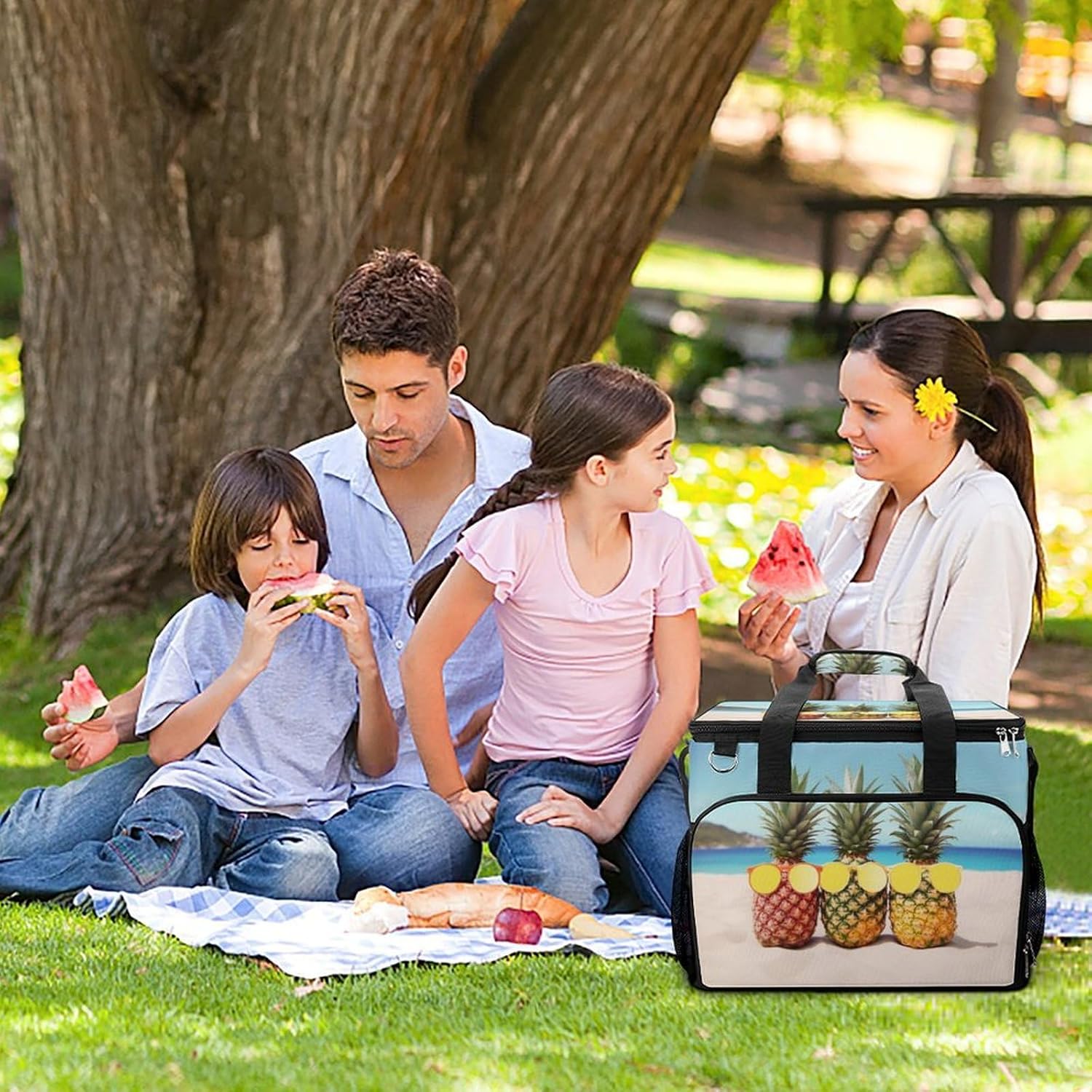 Large Capacity Oxford Cloth Seaside Beach Yellow Geometric Pineapple Printed Camping Ice Bag, Outdoor Portable Insulation and Cooling Bag, Suitable for Outdoor Camping and Picnics